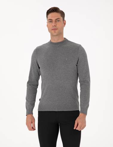Gri Melanj Slim Fit Çeyrek Yaka Basic Triko Kazak