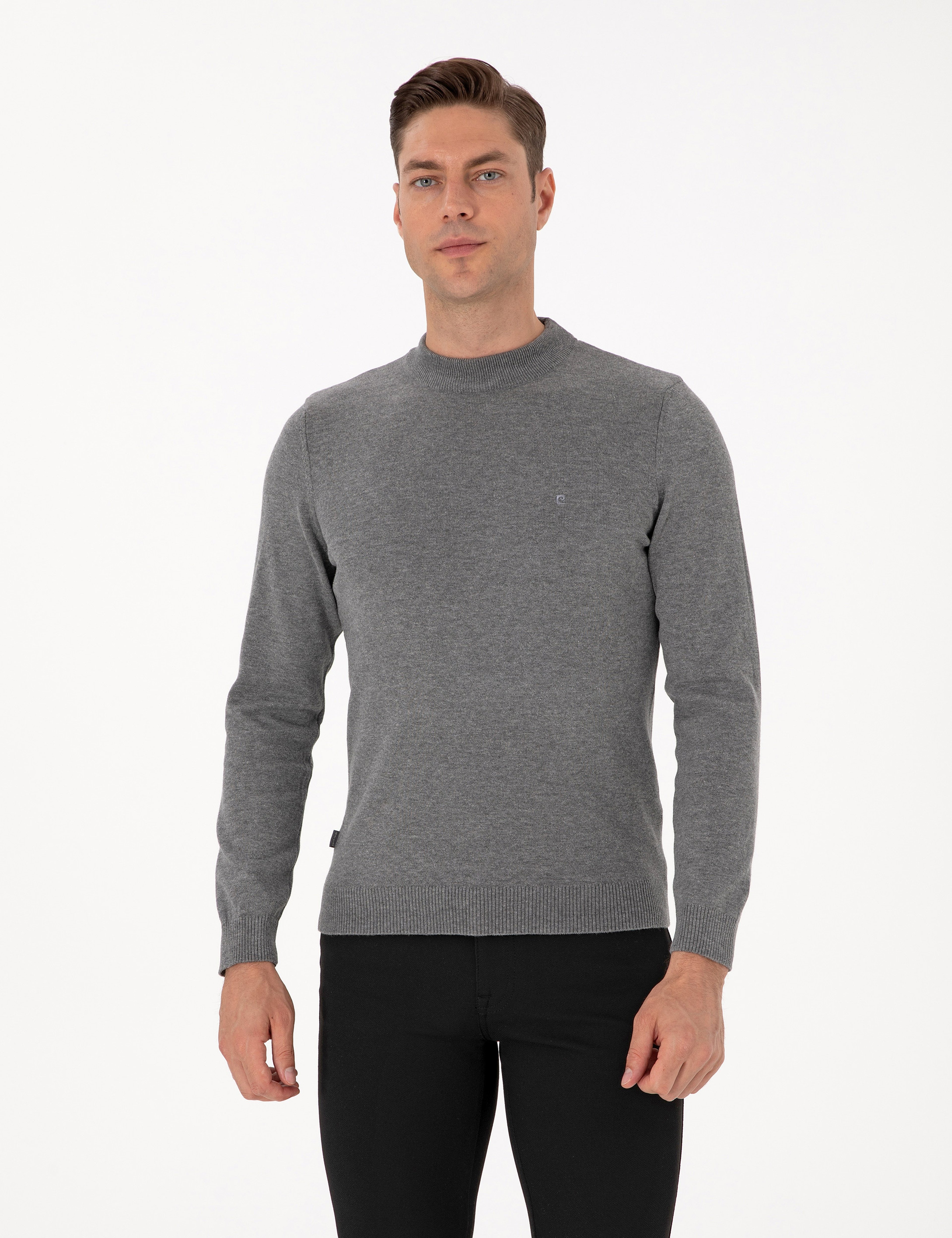 Gri Melanj Slim Fit Çeyrek Yaka Basic Triko Kazak - Image 1