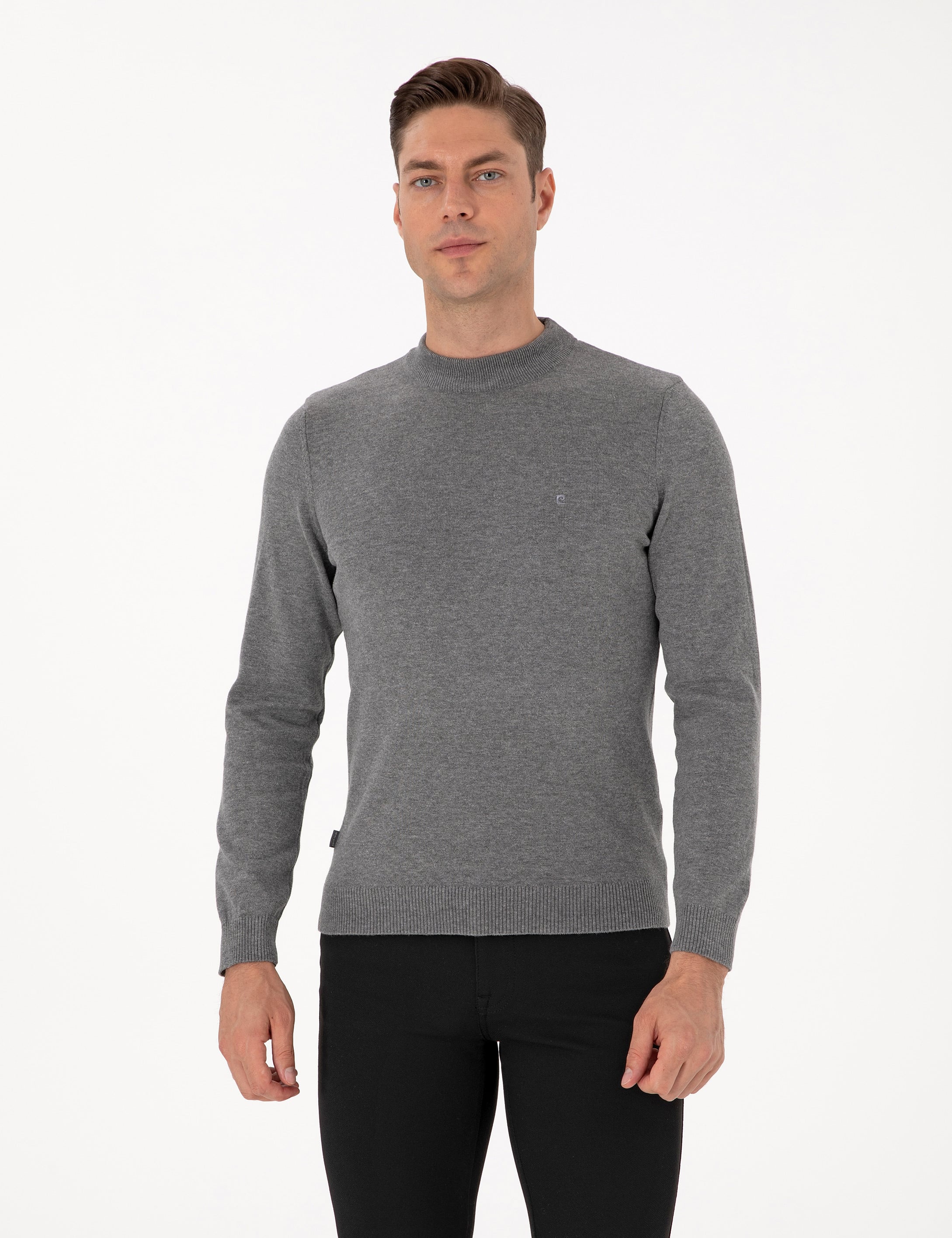 Gri Melanj Slim Fit Çeyrek Yaka Basic Triko Kazak
