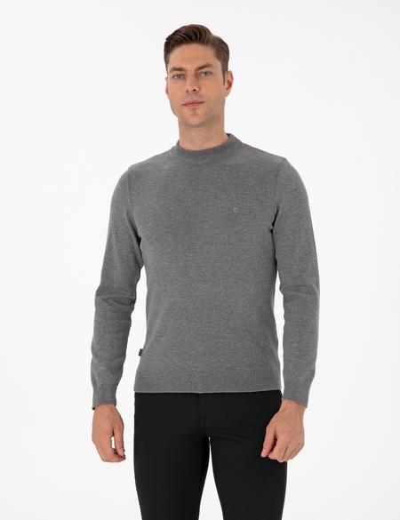 Gri Melanj Slim Fit Çeyrek Yaka Basic Triko Kazak - 50315456036