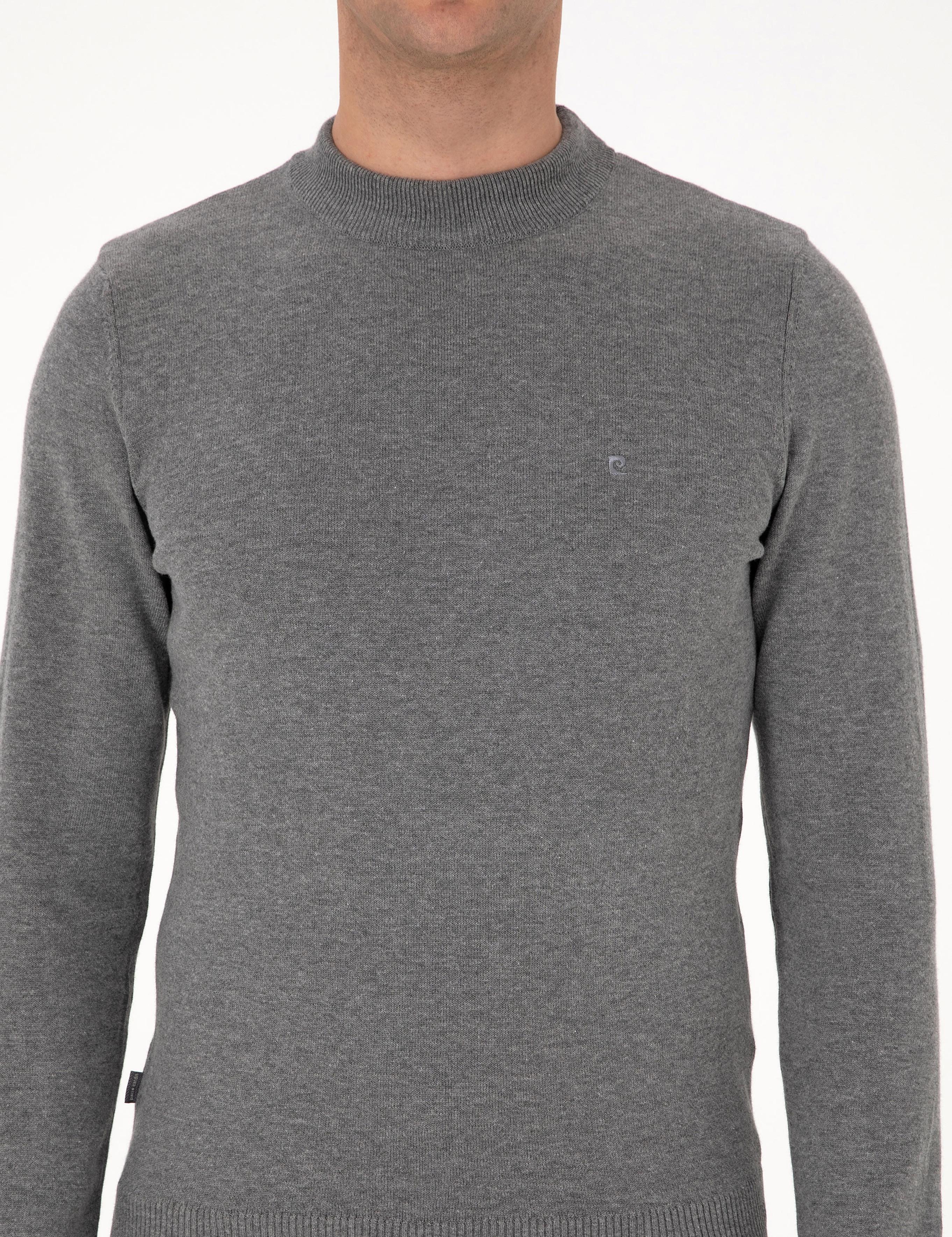 Gri Melanj Slim Fit Çeyrek Yaka Basic Triko Kazak