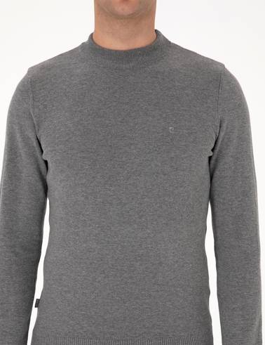 Gri Melanj Slim Fit Çeyrek Yaka Basic Triko Kazak