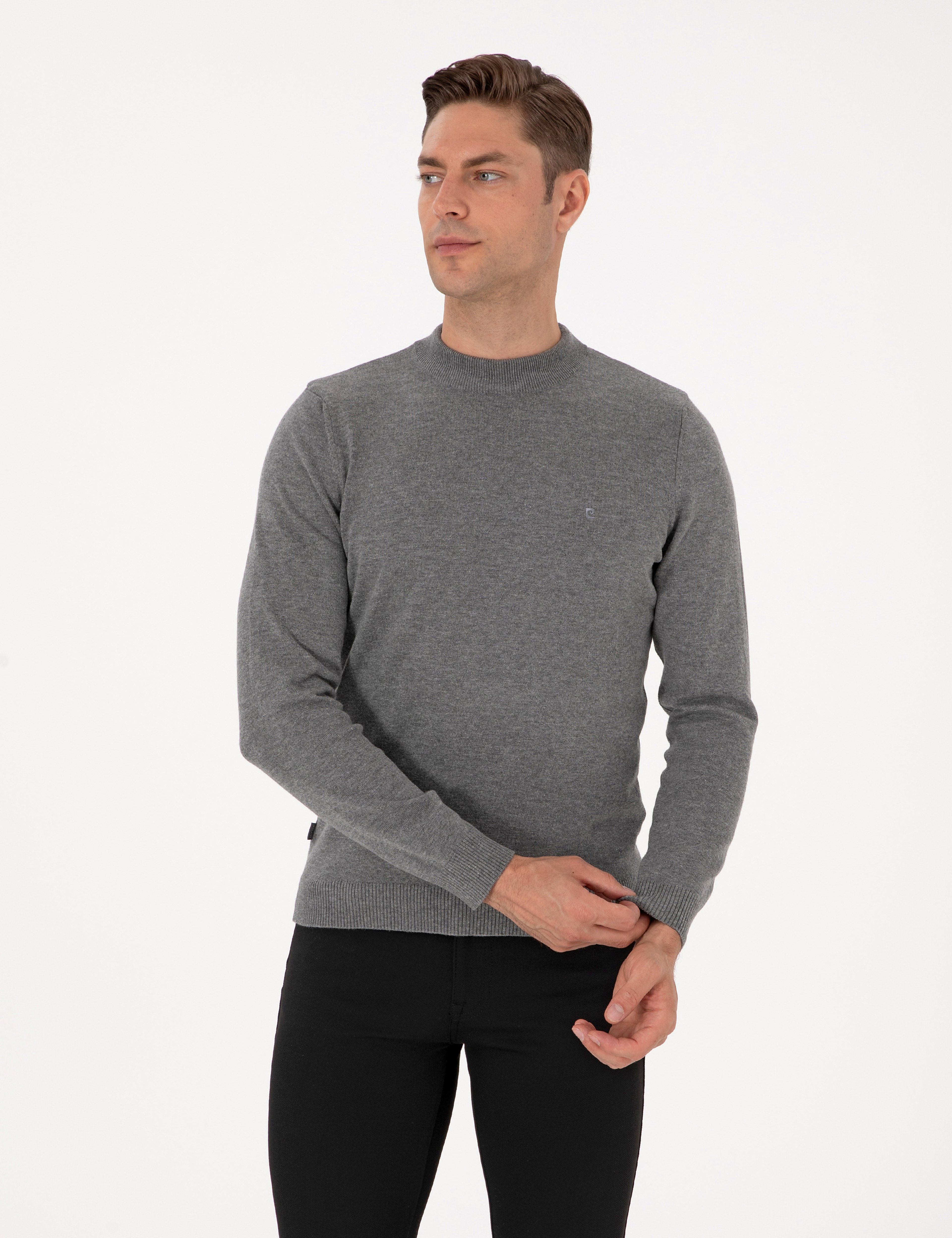 Gri Melanj Slim Fit Çeyrek Yaka Basic Triko Kazak