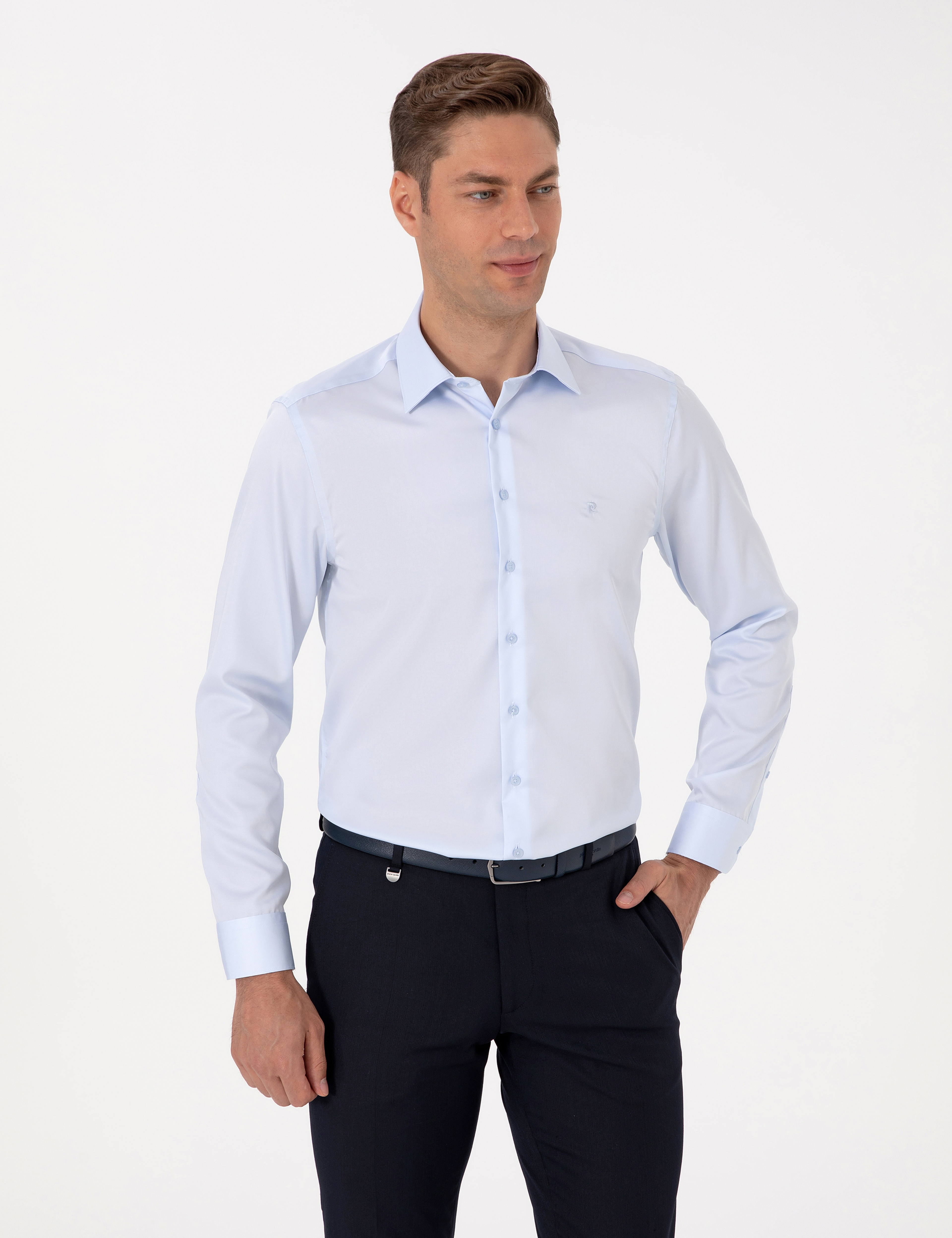 Açık Mavi Slim Fit Uzun Kollu Basic Gömlek - Image 3