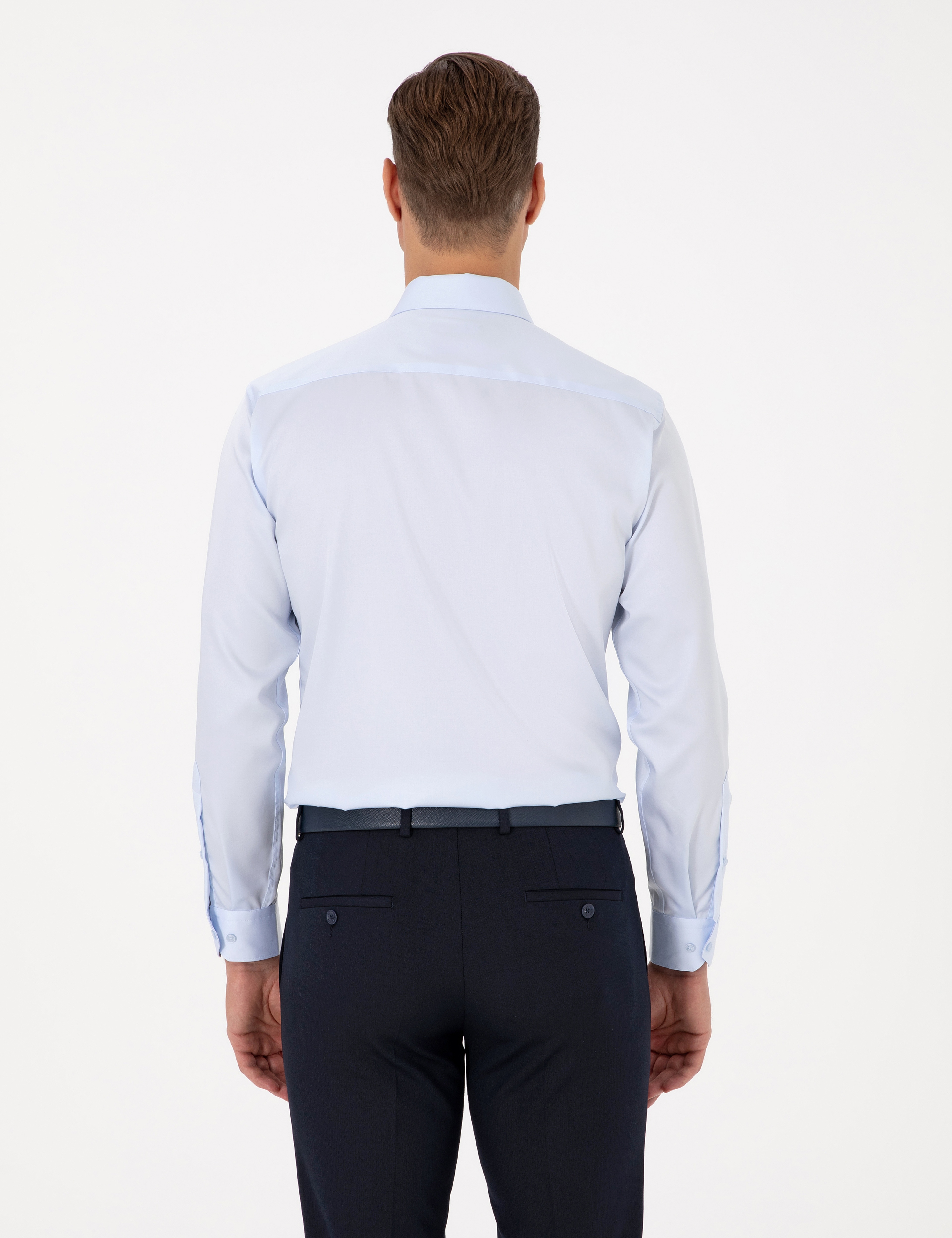 Açık Mavi Slim Fit Uzun Kollu Basic Gömlek - Image 5