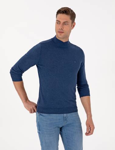 İndigo Melanj Slim Fit Yarım Balıkçı Yaka Basic Triko Kazak