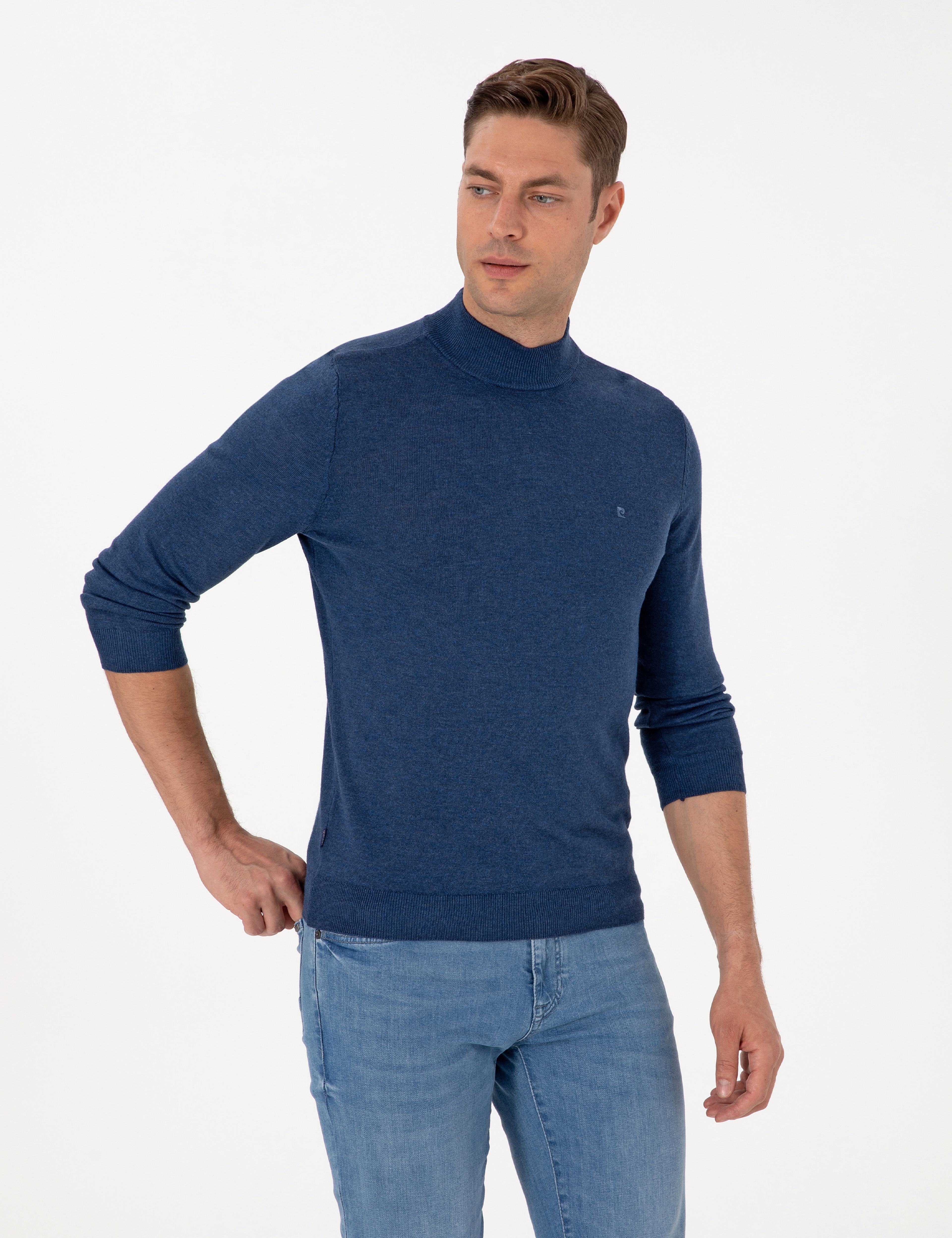 İndigo Melanj Slim Fit Yarım Balıkçı Yaka Basic Triko Kazak - Image 3