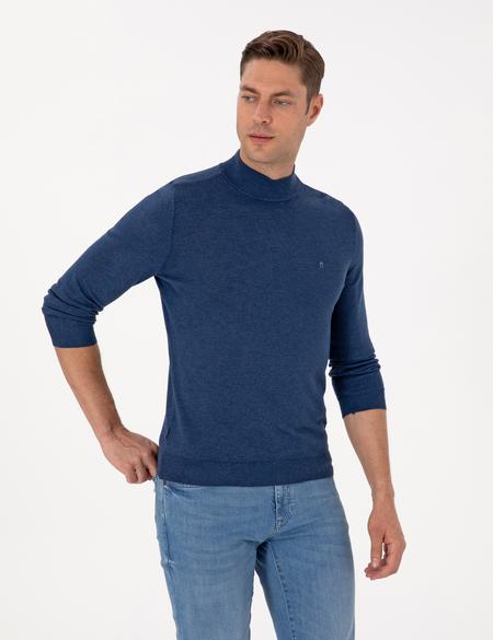 İndigo Melanj Slim Fit Yarım Balıkçı Yaka Basic Triko Kazak - 50314176063