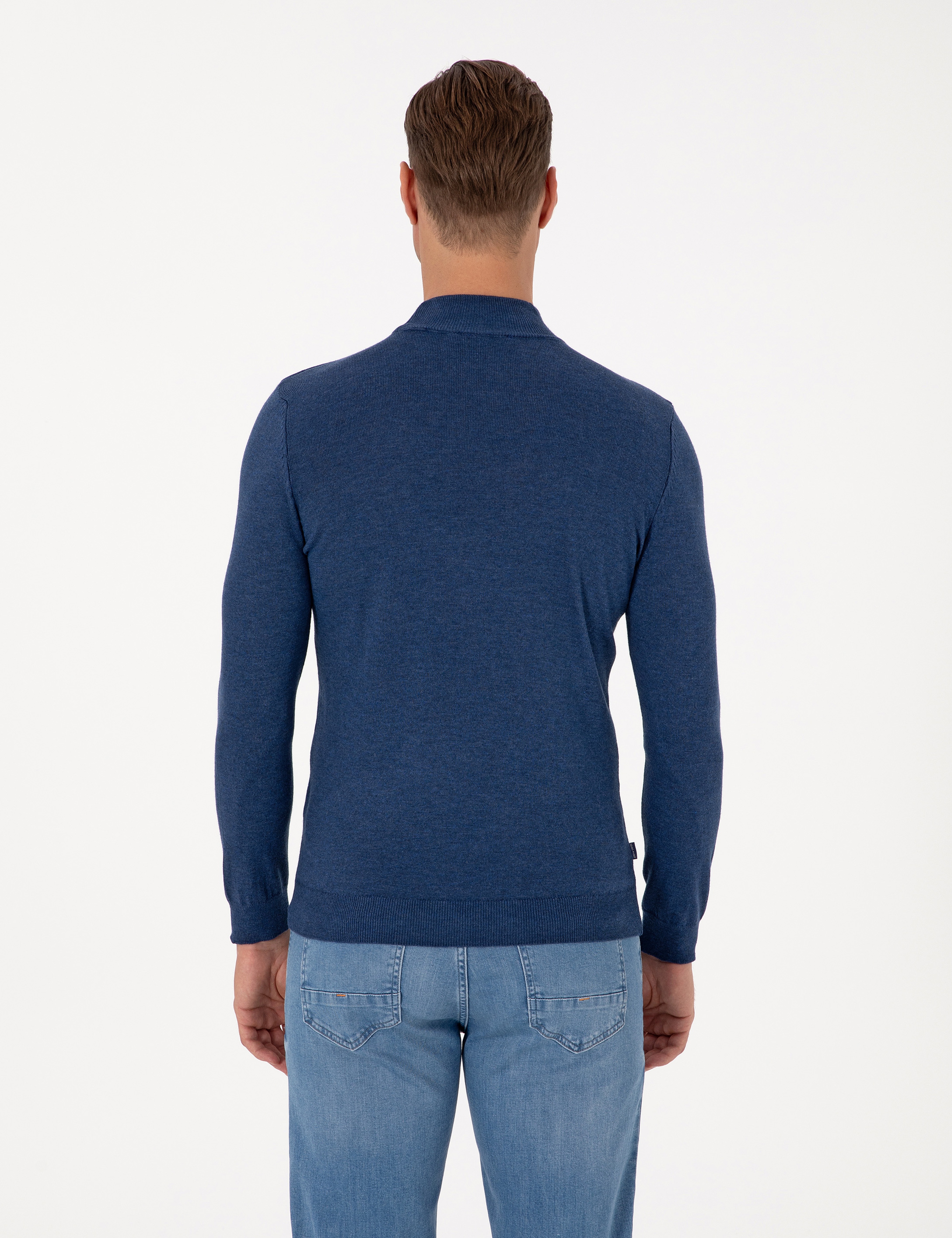 İndigo Melanj Slim Fit Yarım Balıkçı Yaka Basic Triko Kazak - Image 5
