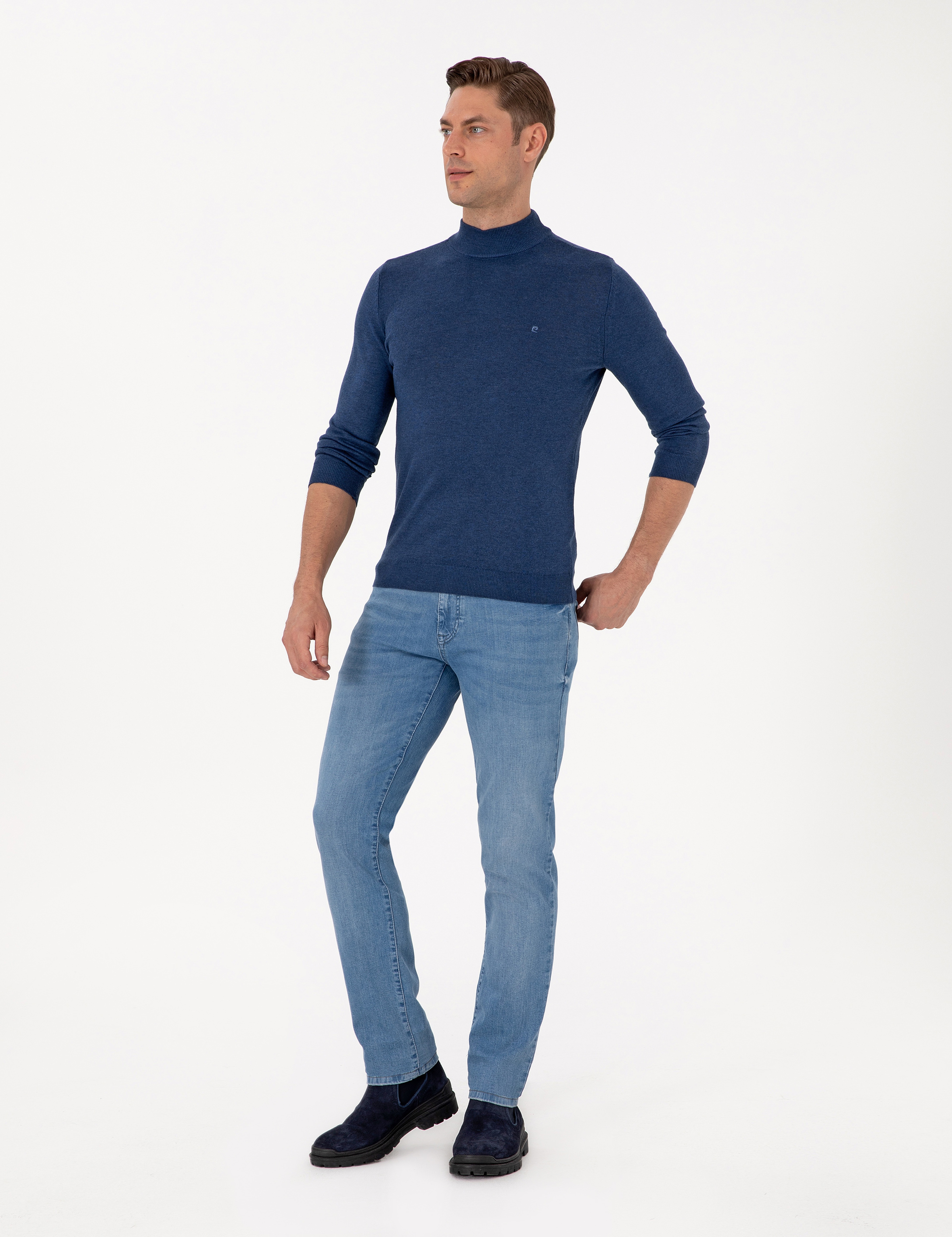 İndigo Melanj Slim Fit Yarım Balıkçı Yaka Basic Triko Kazak - Image 4