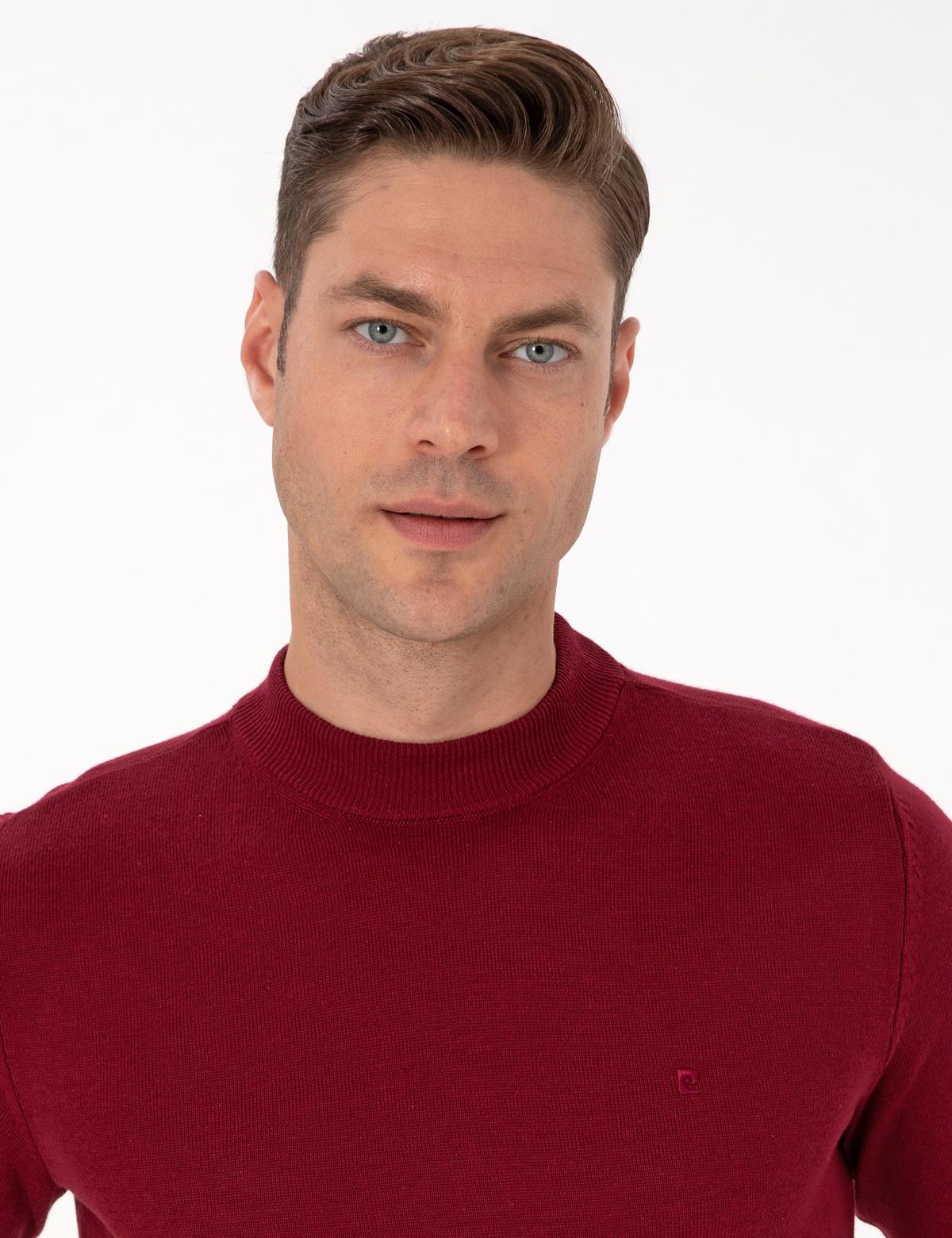 Vişne Slim Fit Çeyrek Yaka Basic Triko Kazak - 50314188114