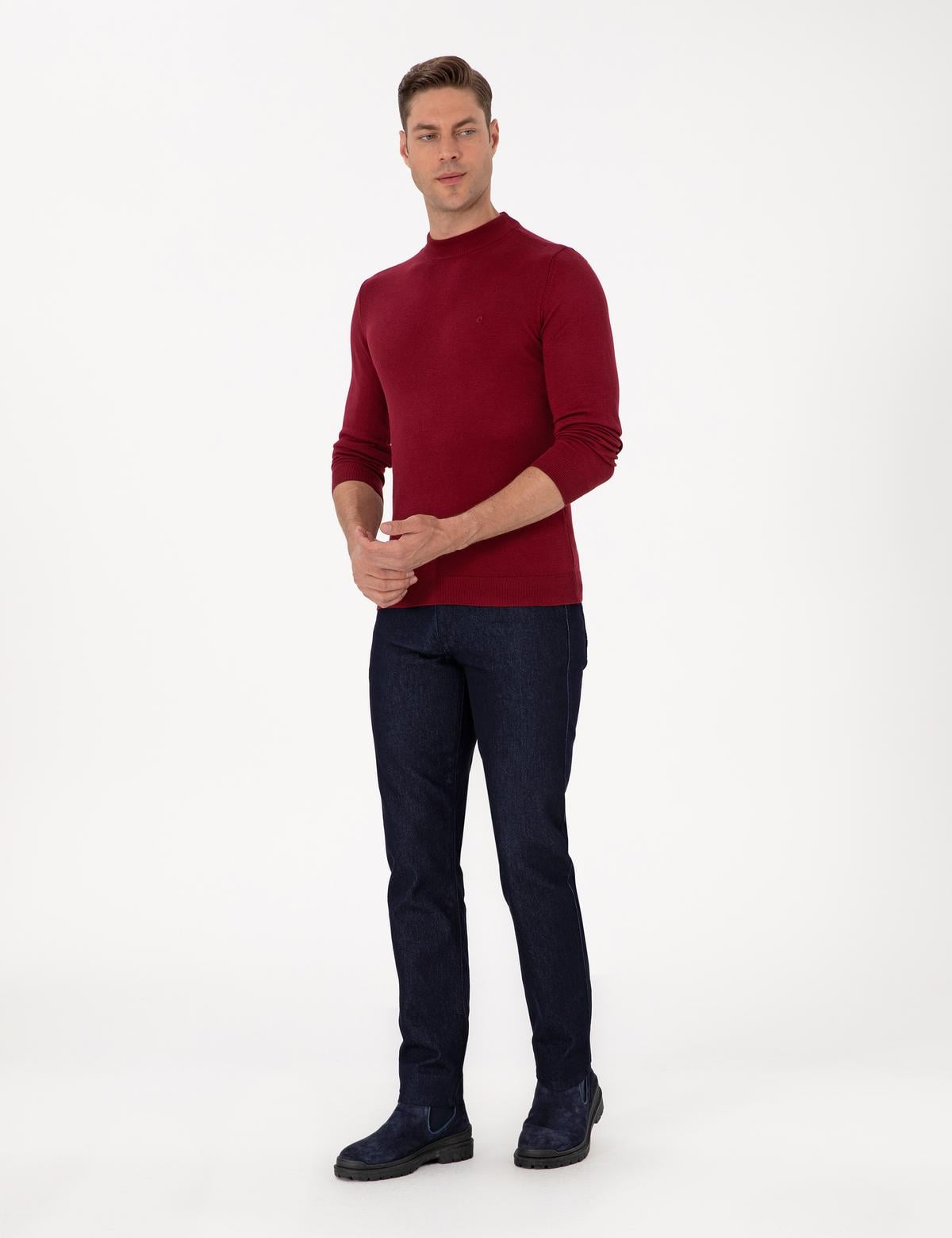 Vişne Slim Fit Çeyrek Yaka Basic Triko Kazak - 50314188114