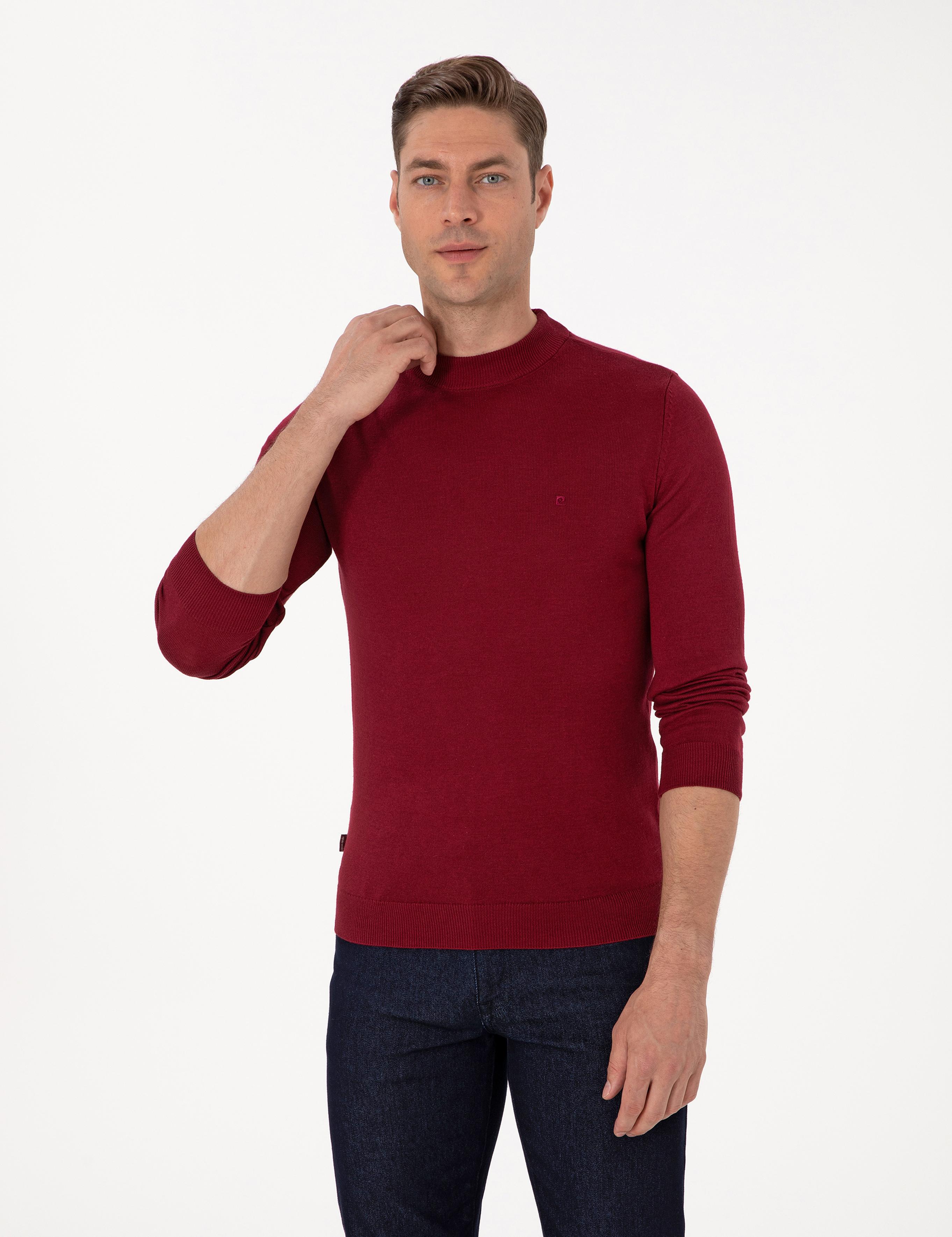 Vişne Slim Fit Çeyrek Yaka Basic Triko Kazak