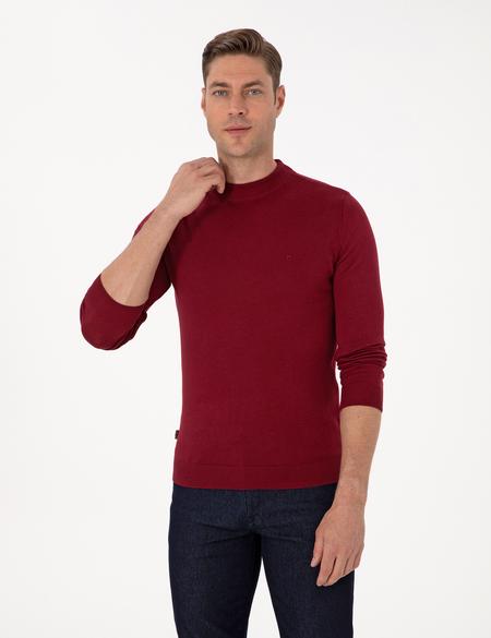 Vişne Slim Fit Çeyrek Yaka Basic Triko Kazak - 50314188114