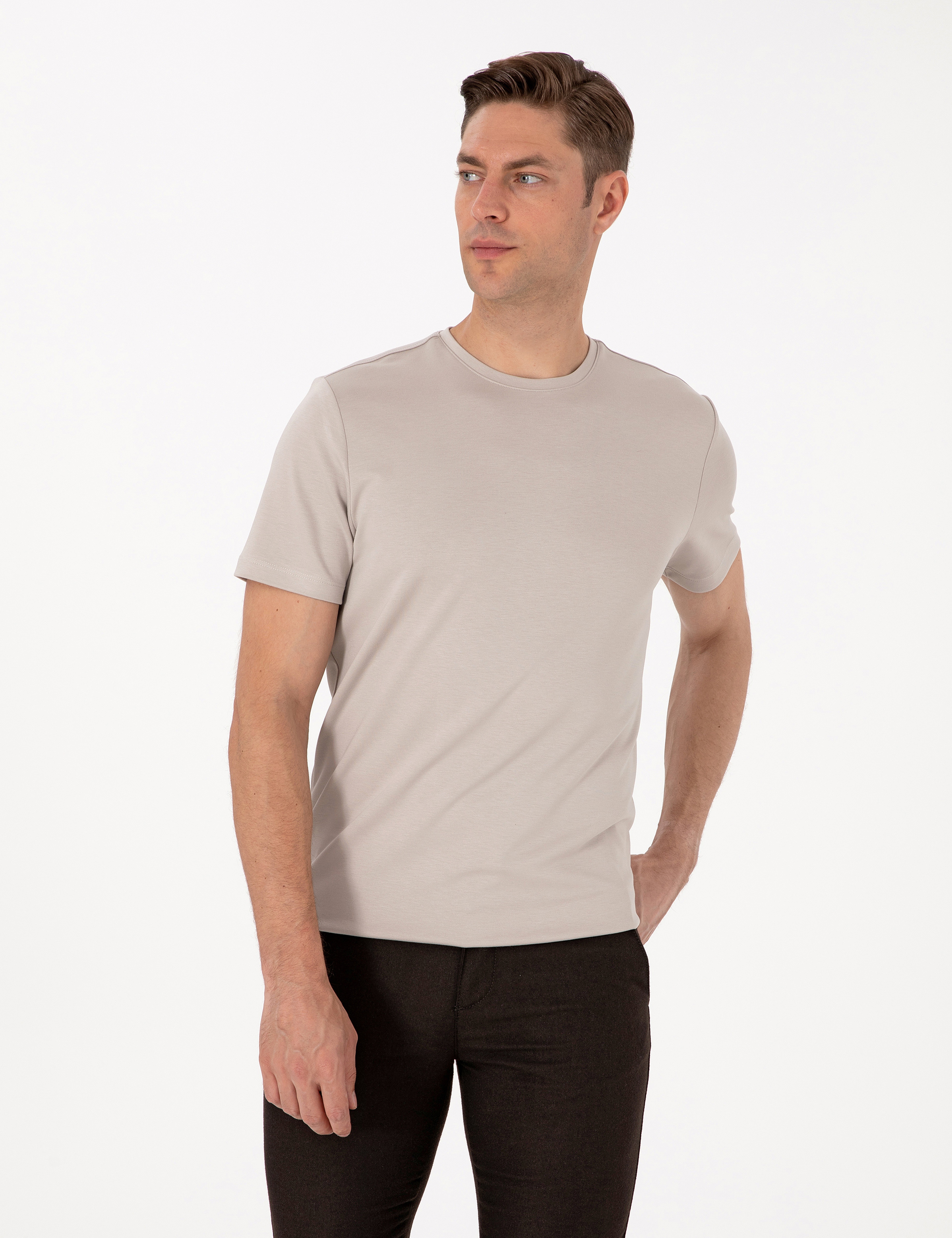 Taş Regular Fit Kalın Dokulu Bisiklet Yaka Basic Tişört - Image 3