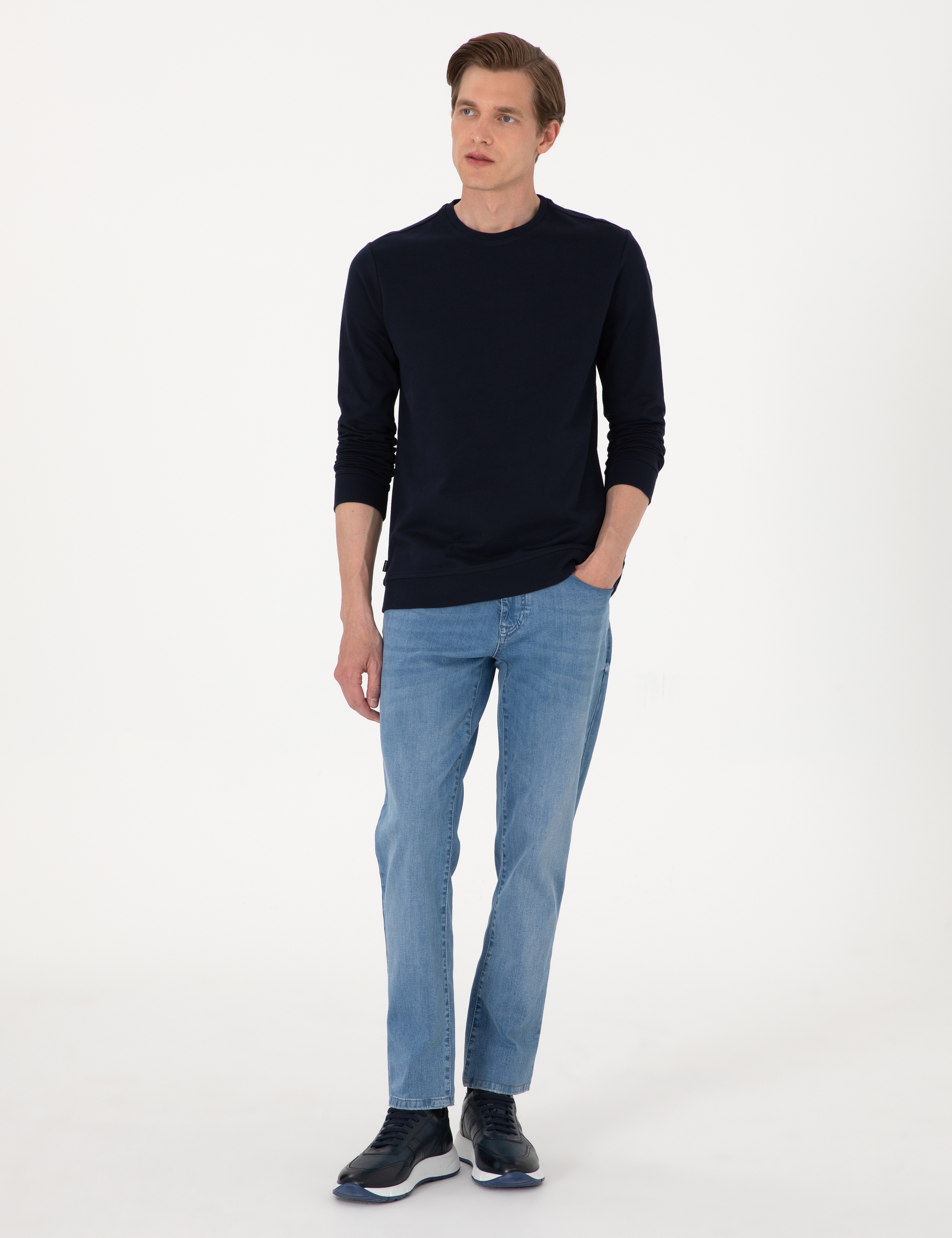 Lacivert 2 İplik Regular Fit Bisiklet Yaka Basic Sweatshirt - Image 4