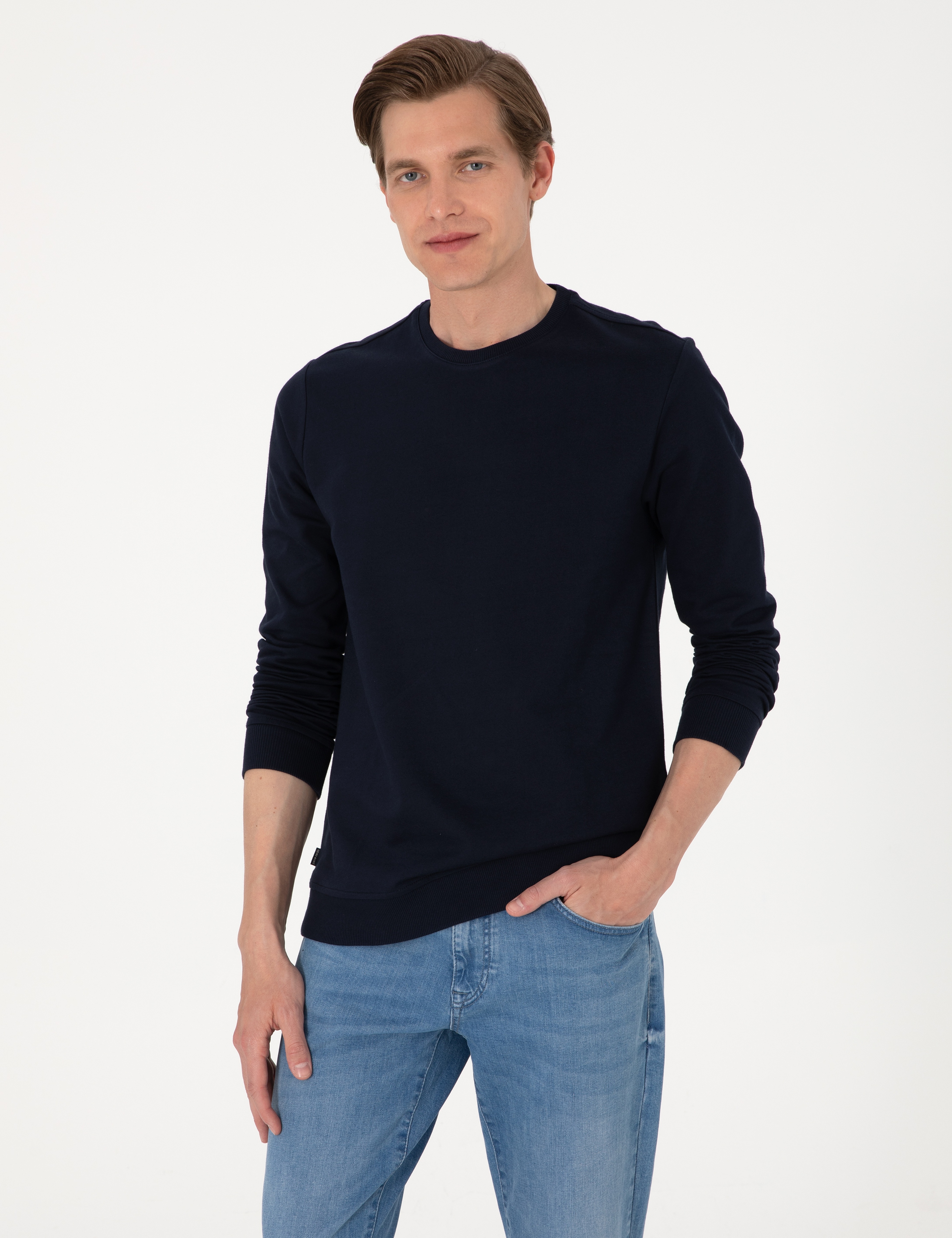 Lacivert 2 İplik Regular Fit Bisiklet Yaka Basic Sweatshirt - Image 1