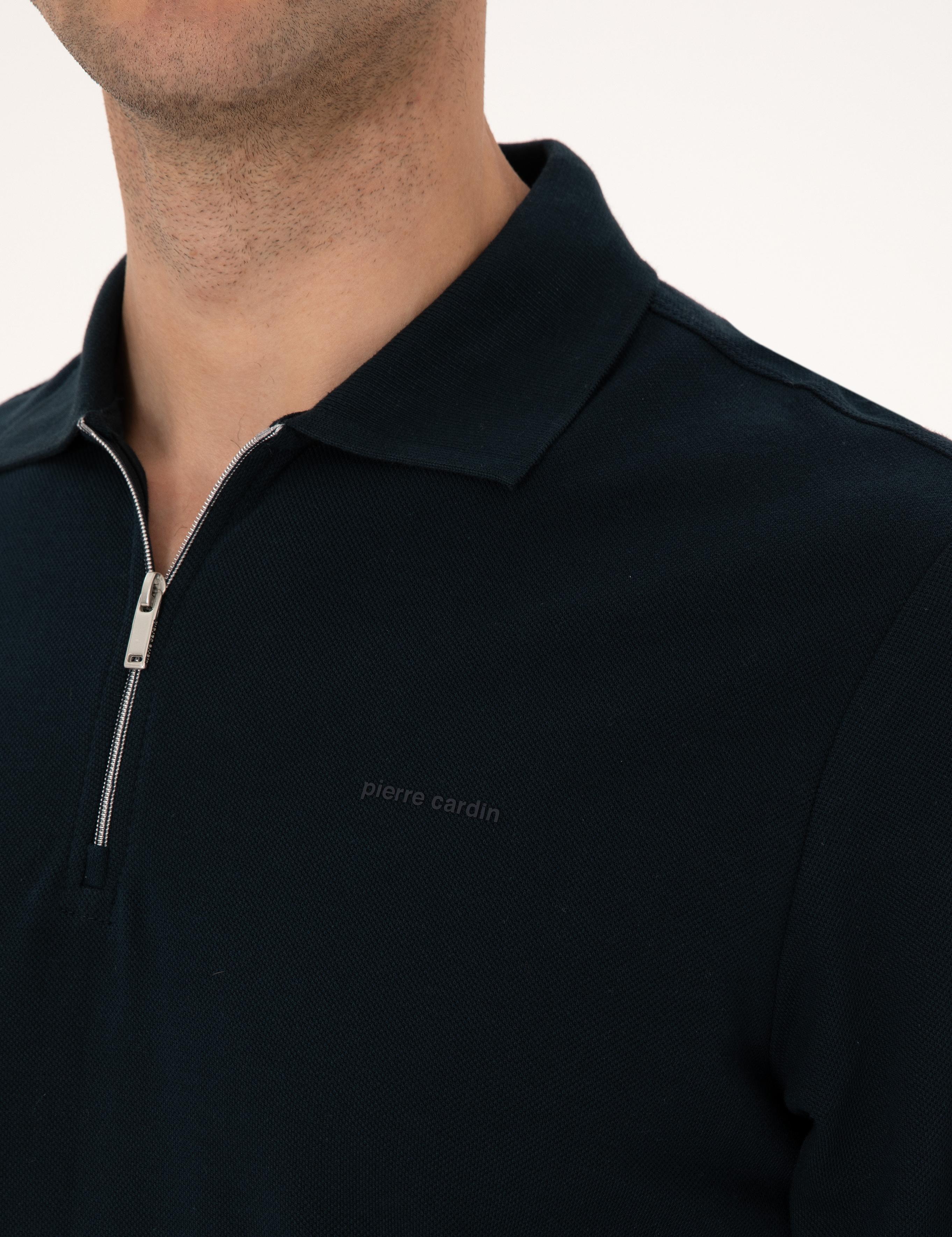 Lacivert Slim Fit Kıvrılmaz Fermuarlı Polo Yaka Basic Pike Sweatshirt