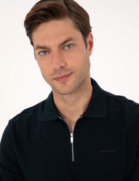 Lacivert Slim Fit Kıvrılmaz Fermuarlı Polo Yaka Basic Pike Sweatshirt - 50314046001