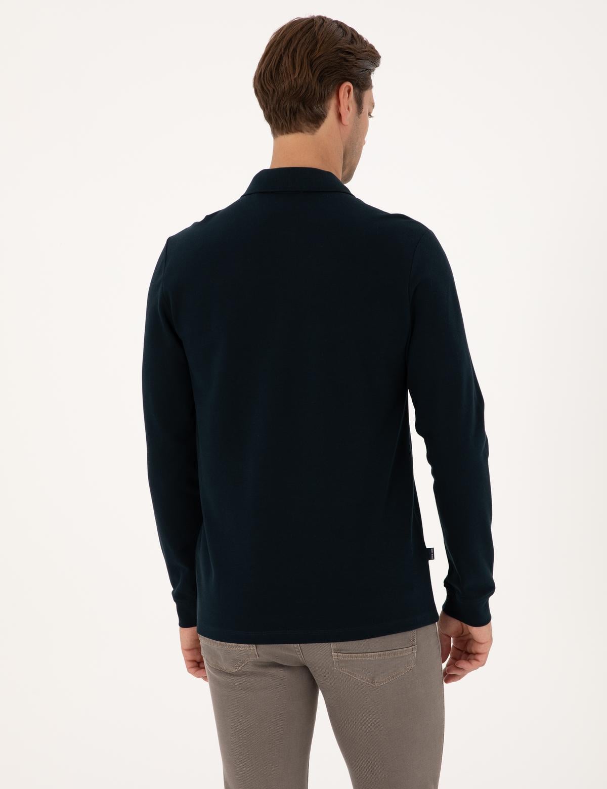 Lacivert Slim Fit Kıvrılmaz Fermuarlı Polo Yaka Basic Pike Sweatshirt - 50314046001