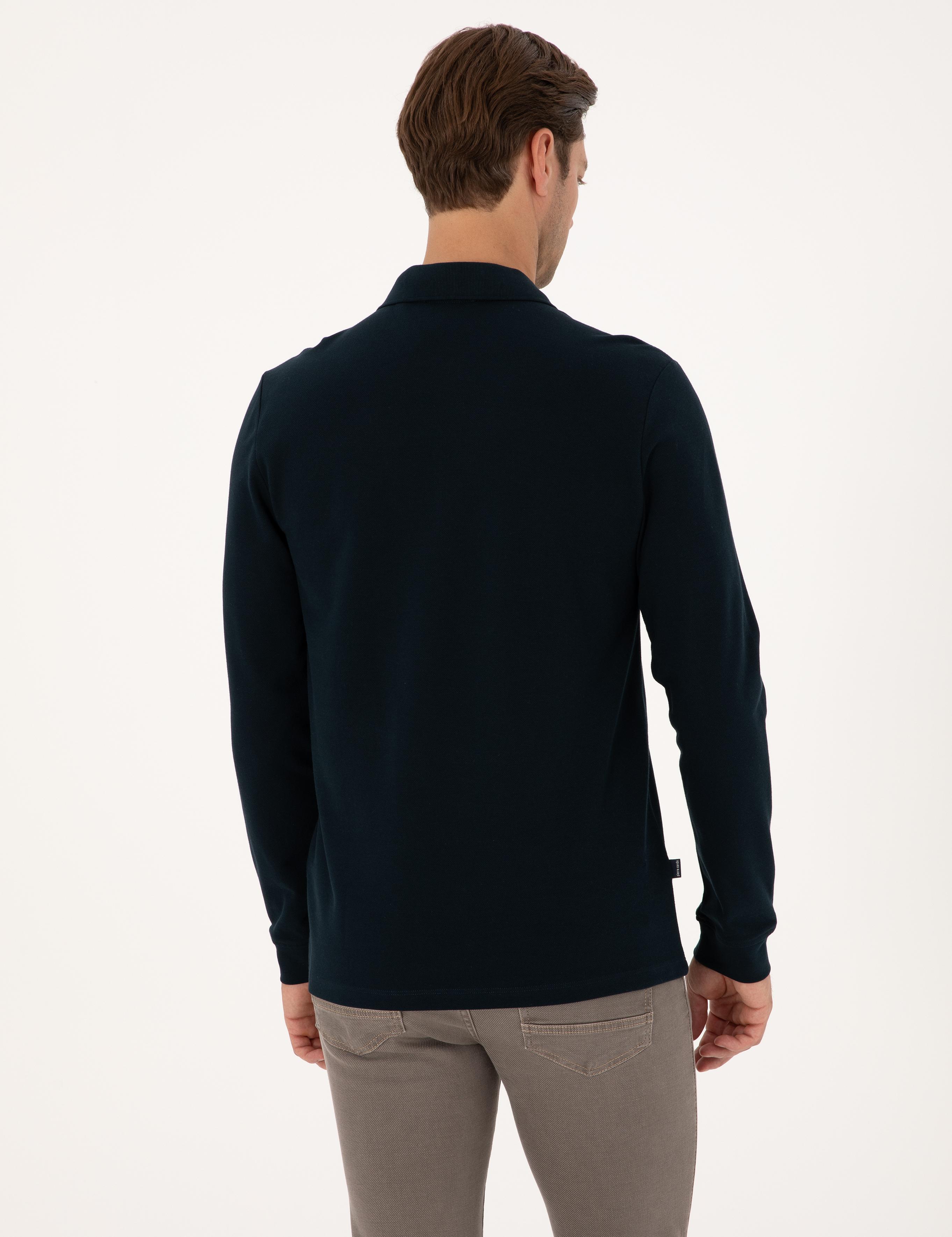 Lacivert Slim Fit Kıvrılmaz Fermuarlı Polo Yaka Basic Pike Sweatshirt