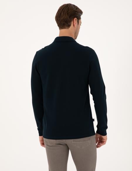 Lacivert Slim Fit Kıvrılmaz Fermuarlı Polo Yaka Basic Pike Sweatshirt - 50314046001
