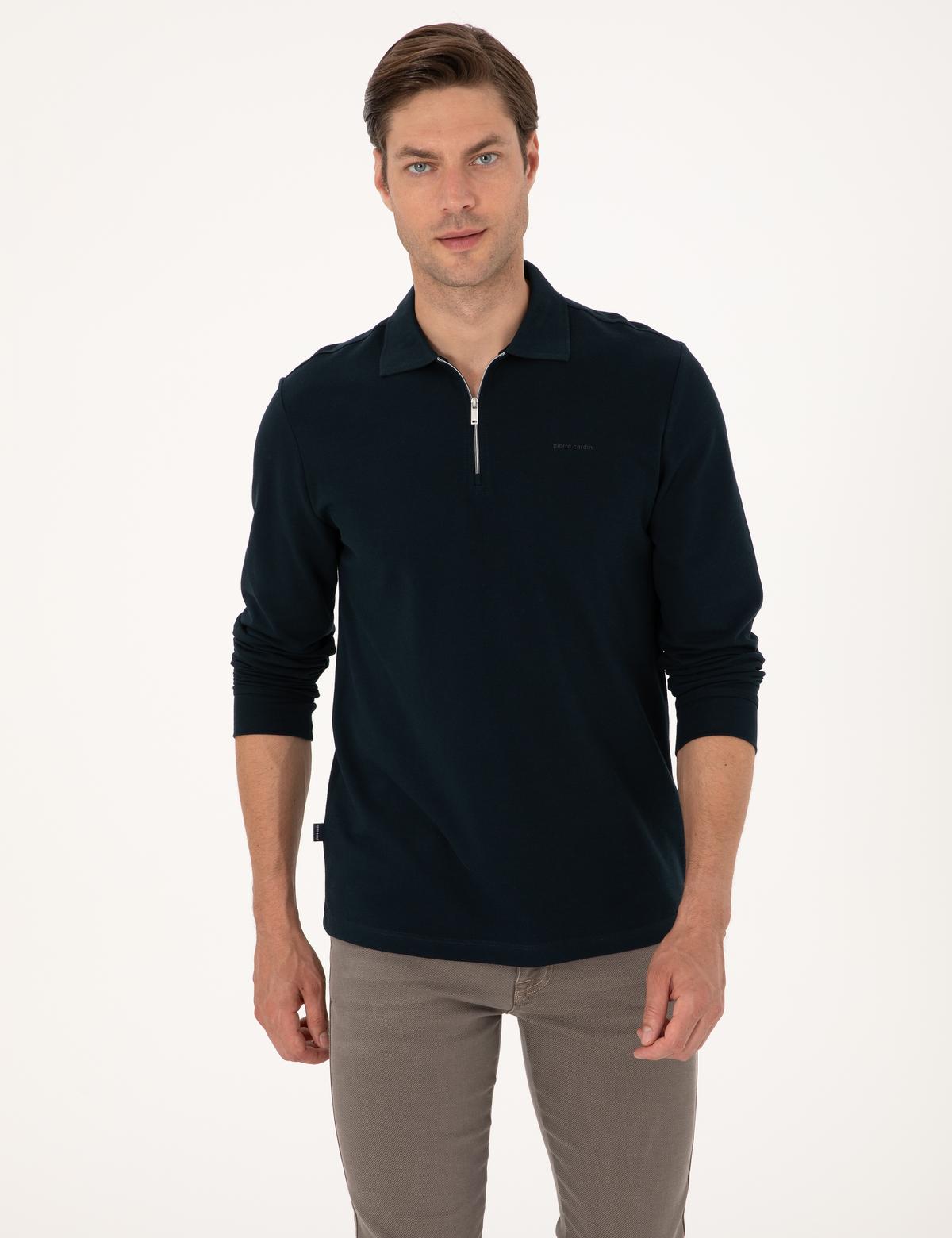 Lacivert Slim Fit Kıvrılmaz Fermuarlı Polo Yaka Basic Pike Sweatshirt