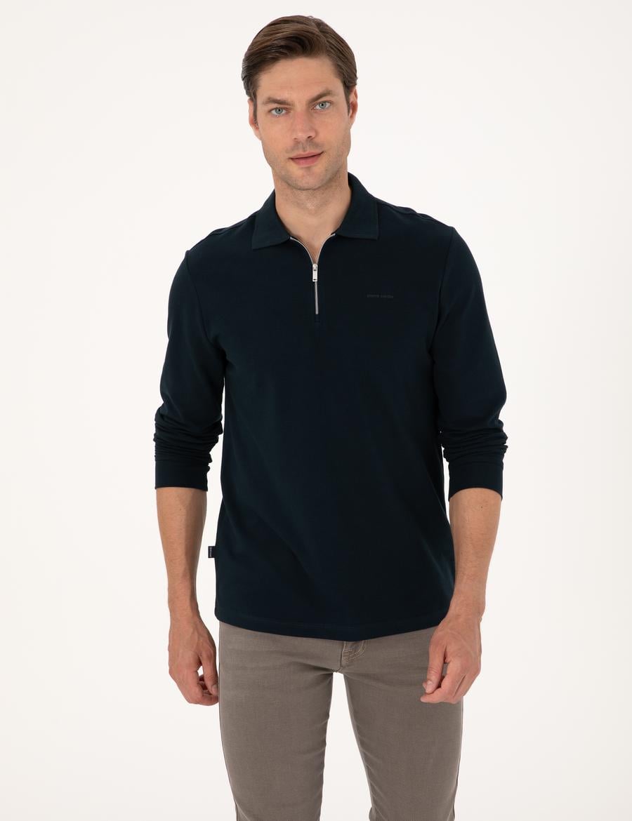 Lacivert Slim Fit Kıvrılmaz Fermuarlı Polo Yaka Basic Pike Sweatshirt