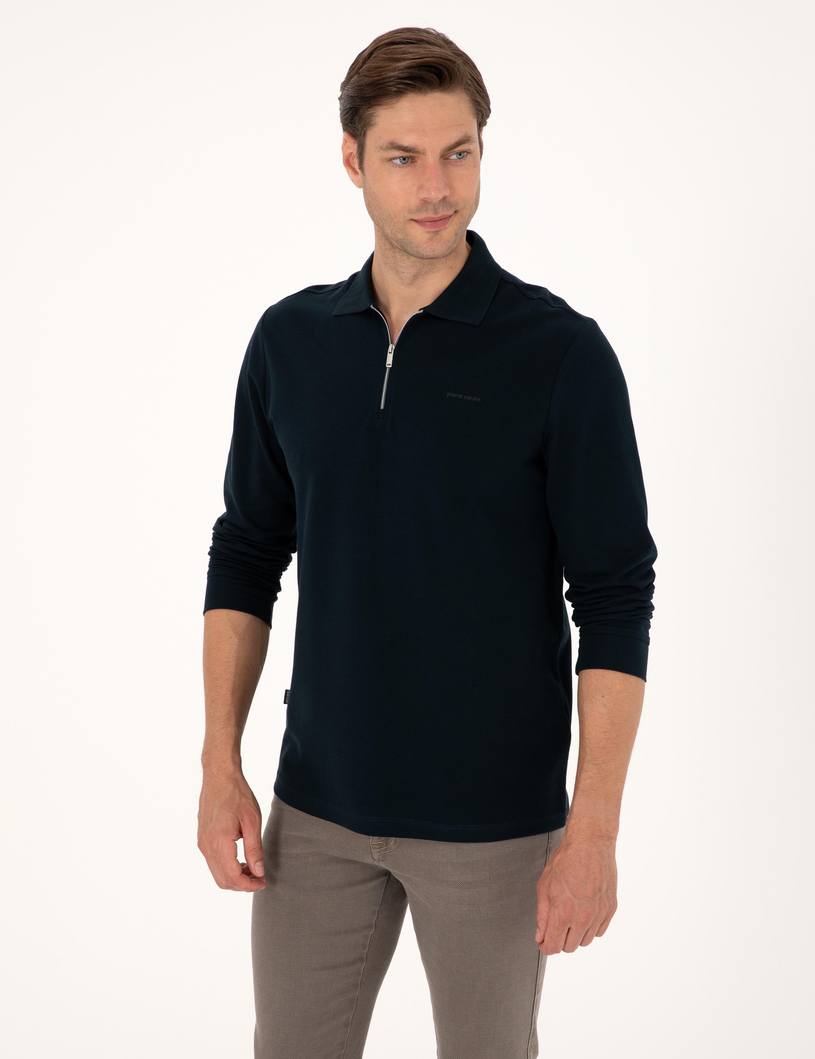 Lacivert Slim Fit Kıvrılmaz Fermuarlı Polo Yaka Basic Pike Sweatshirt