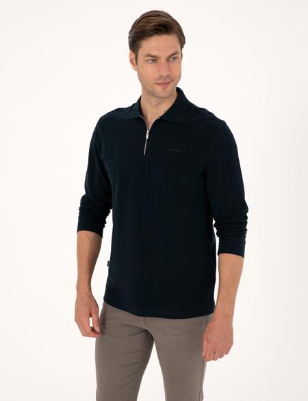 Lacivert Slim Fit Kıvrılmaz Fermuarlı Polo Yaka Basic Pike Sweatshirt - 50314046001