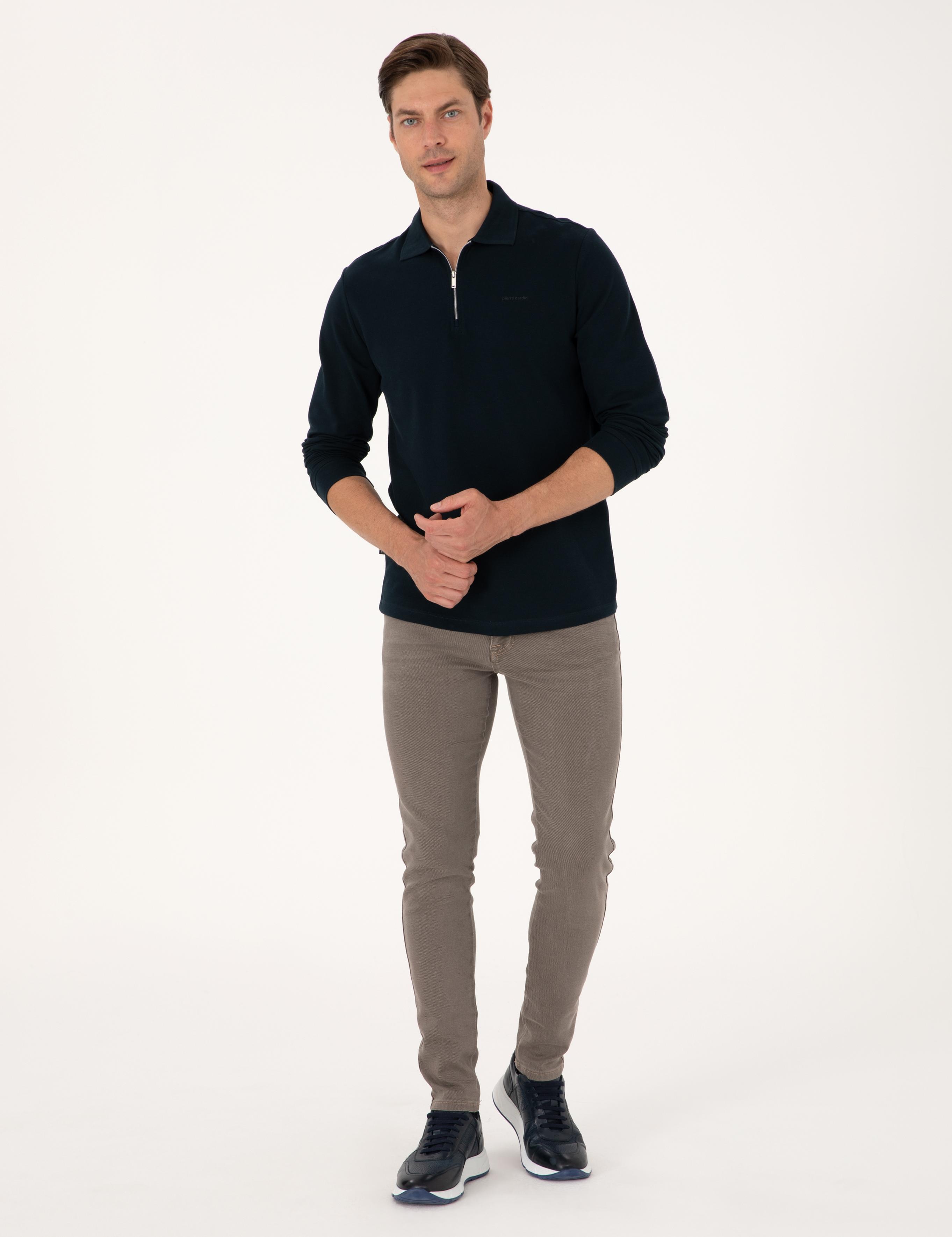 Lacivert Slim Fit Kıvrılmaz Fermuarlı Polo Yaka Basic Pike Sweatshirt