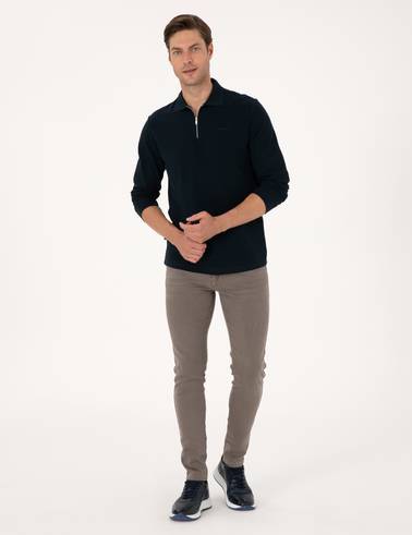 Lacivert Slim Fit Kıvrılmaz Fermuarlı Polo Yaka Basic Pike Sweatshirt