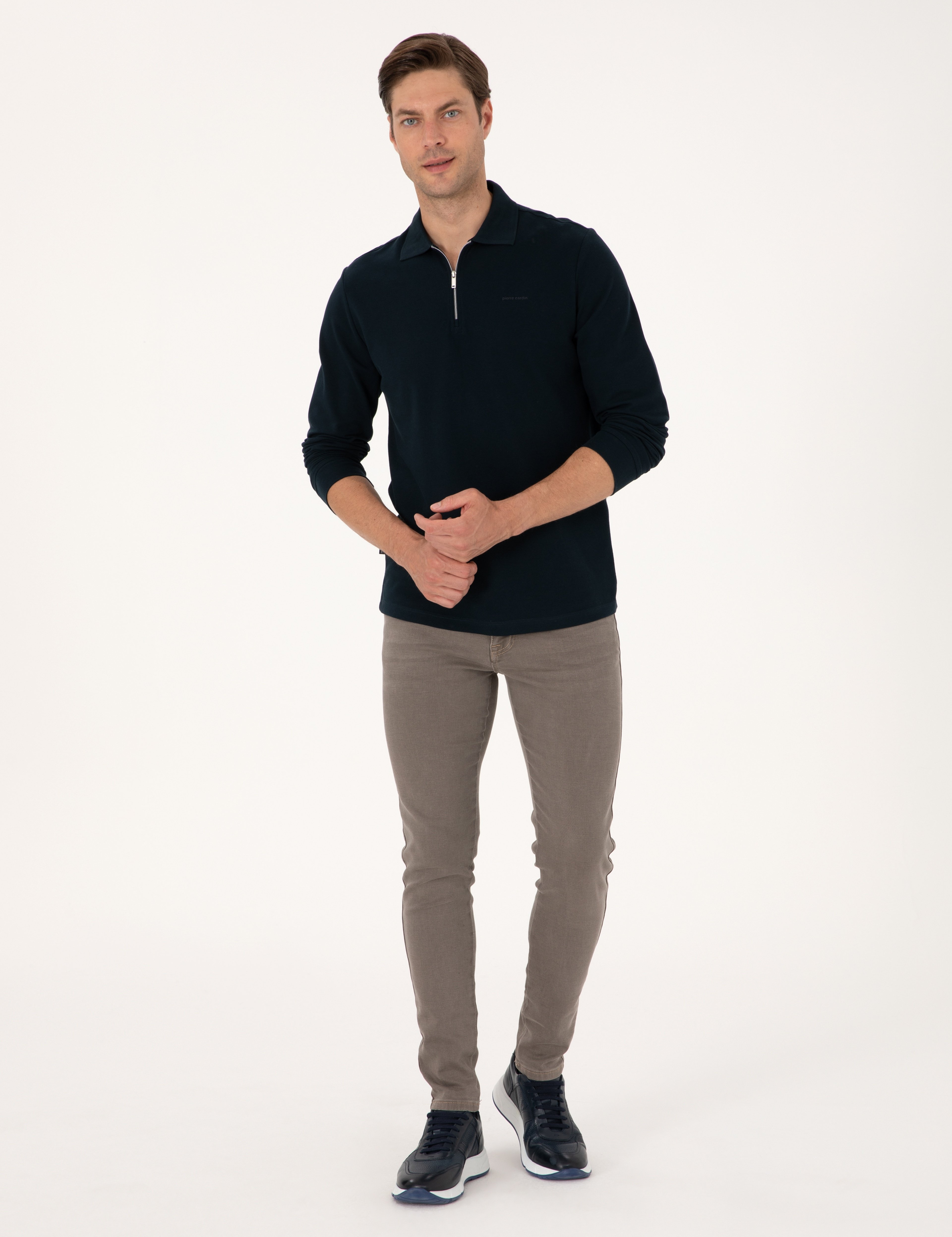 Lacivert Slim Fit Kıvrılmaz Fermuarlı Polo Yaka Basic Pike Sweatshirt - Image 4