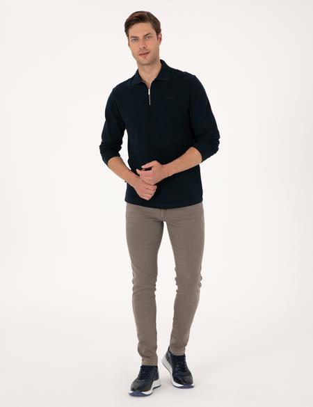 Lacivert Slim Fit Kıvrılmaz Fermuarlı Polo Yaka Basic Pike Sweatshirt - 50314046001