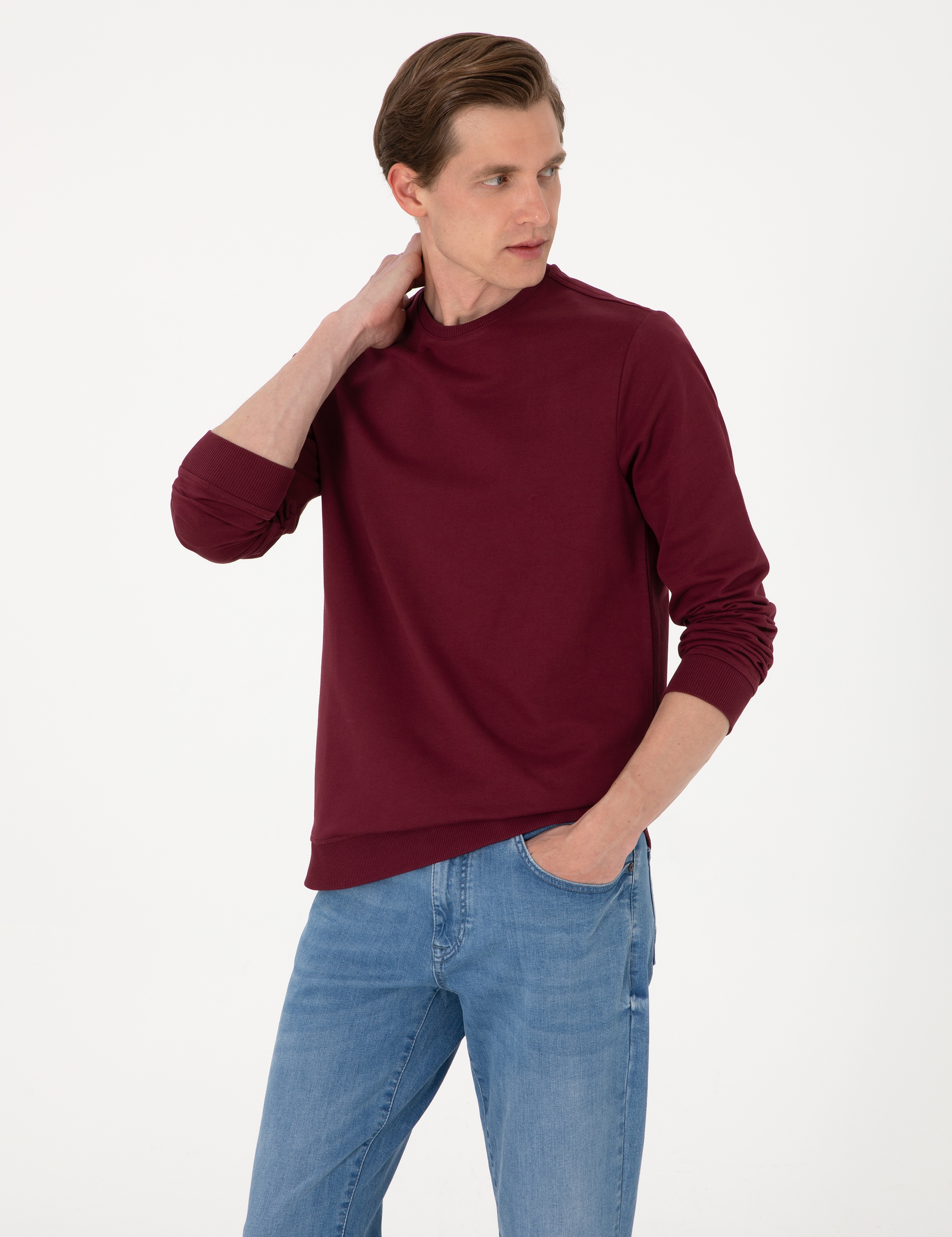 Bordo 2 İplik Regular Fit Bisiklet Yaka Basic Sweatshirt - Image 3