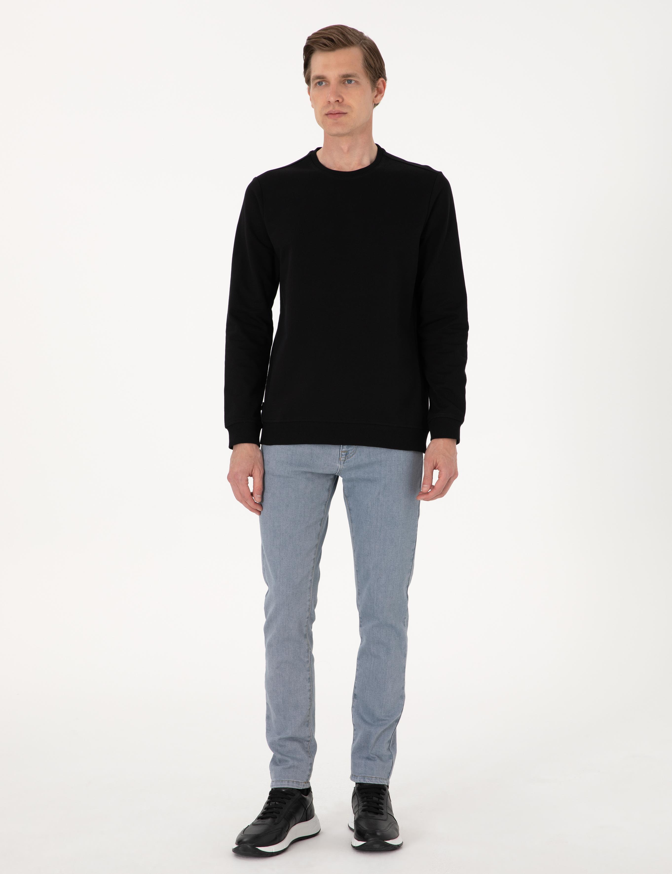 Siyah 2 İplik Regular Fit Bisiklet Yaka Basic Sweatshirt