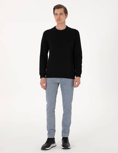 Siyah 2 İplik Regular Fit Bisiklet Yaka Basic Sweatshirt