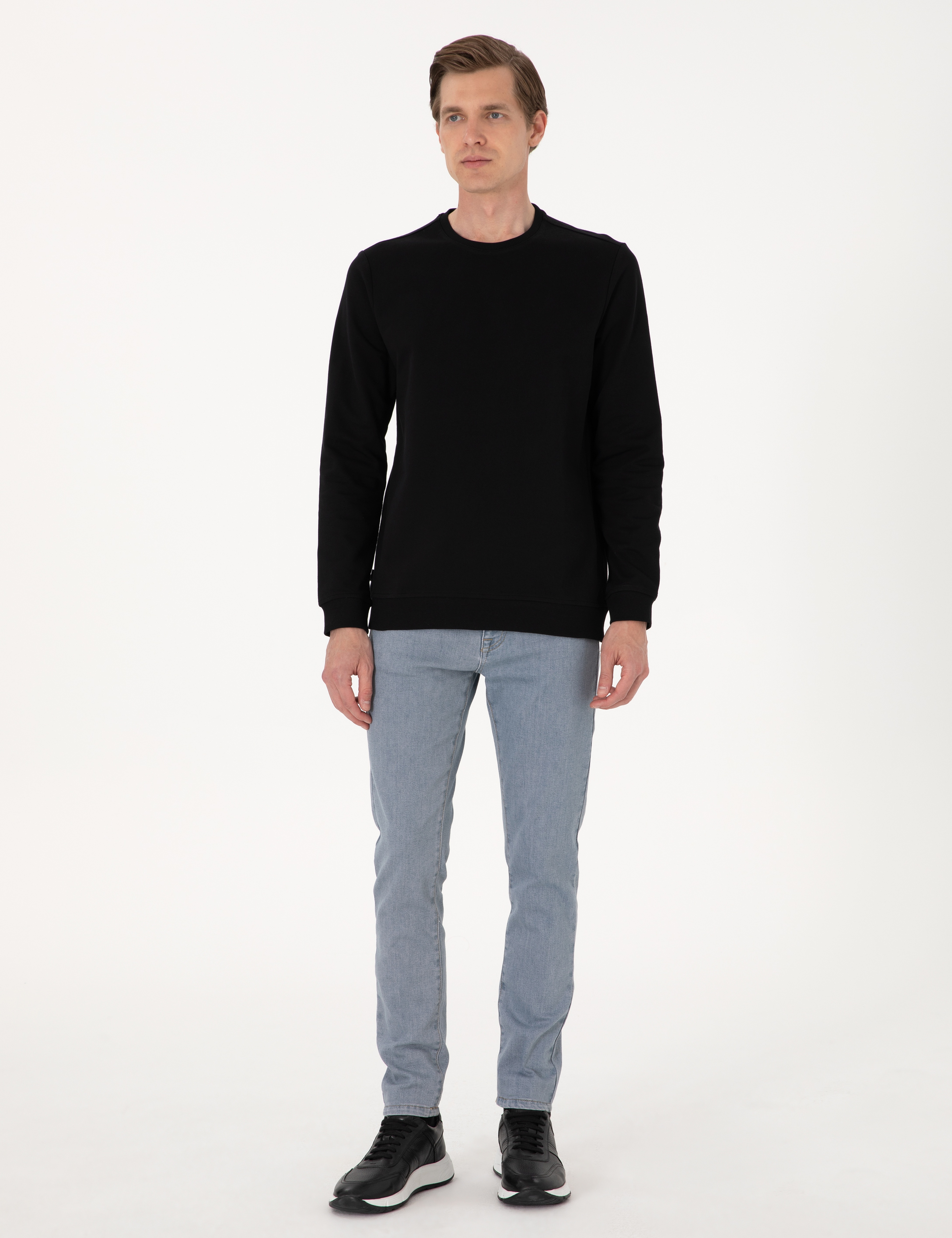 Siyah 2 İplik Regular Fit Bisiklet Yaka Basic Sweatshirt - Image 4