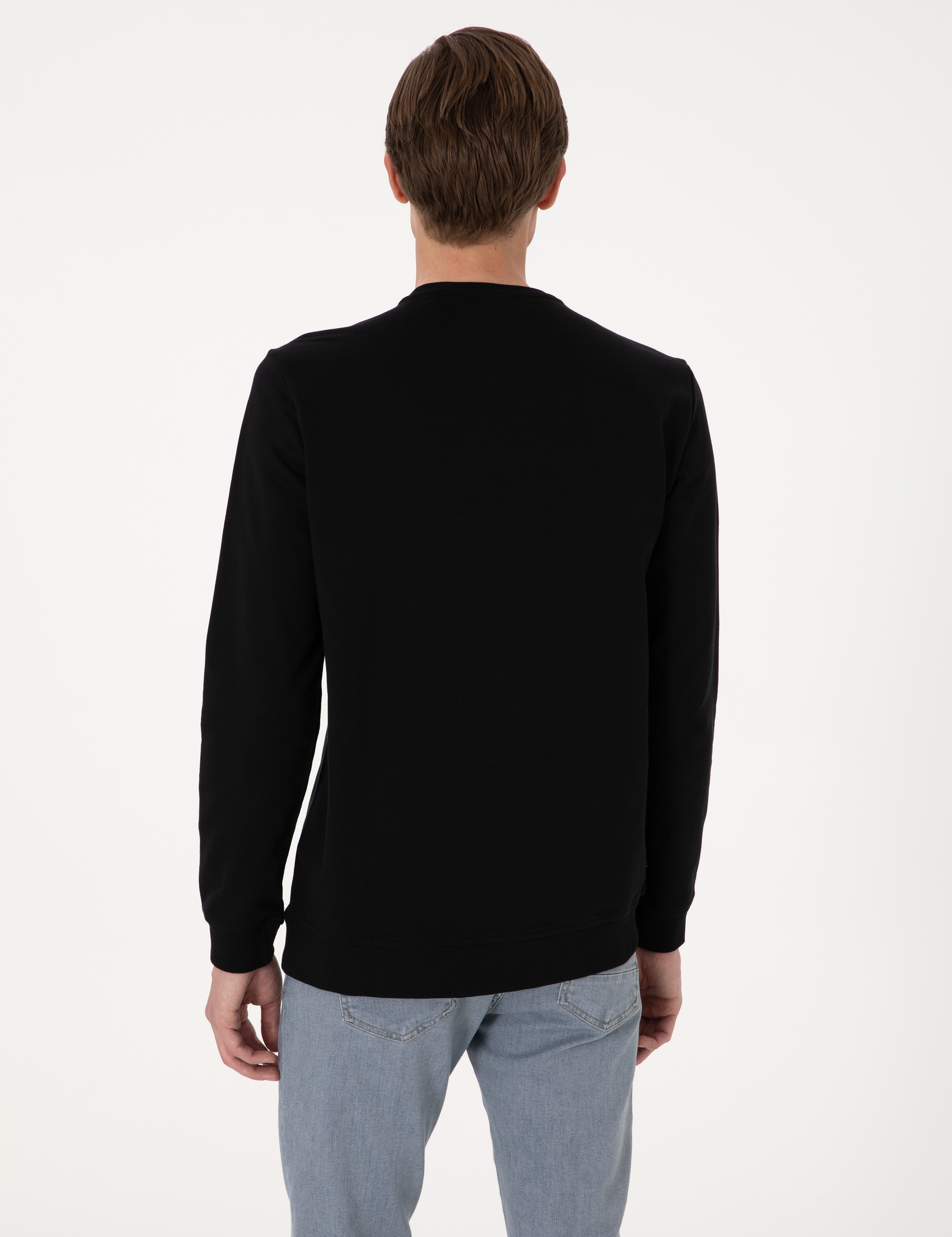 Siyah 2 İplik Regular Fit Bisiklet Yaka Basic Sweatshirt - Image 5