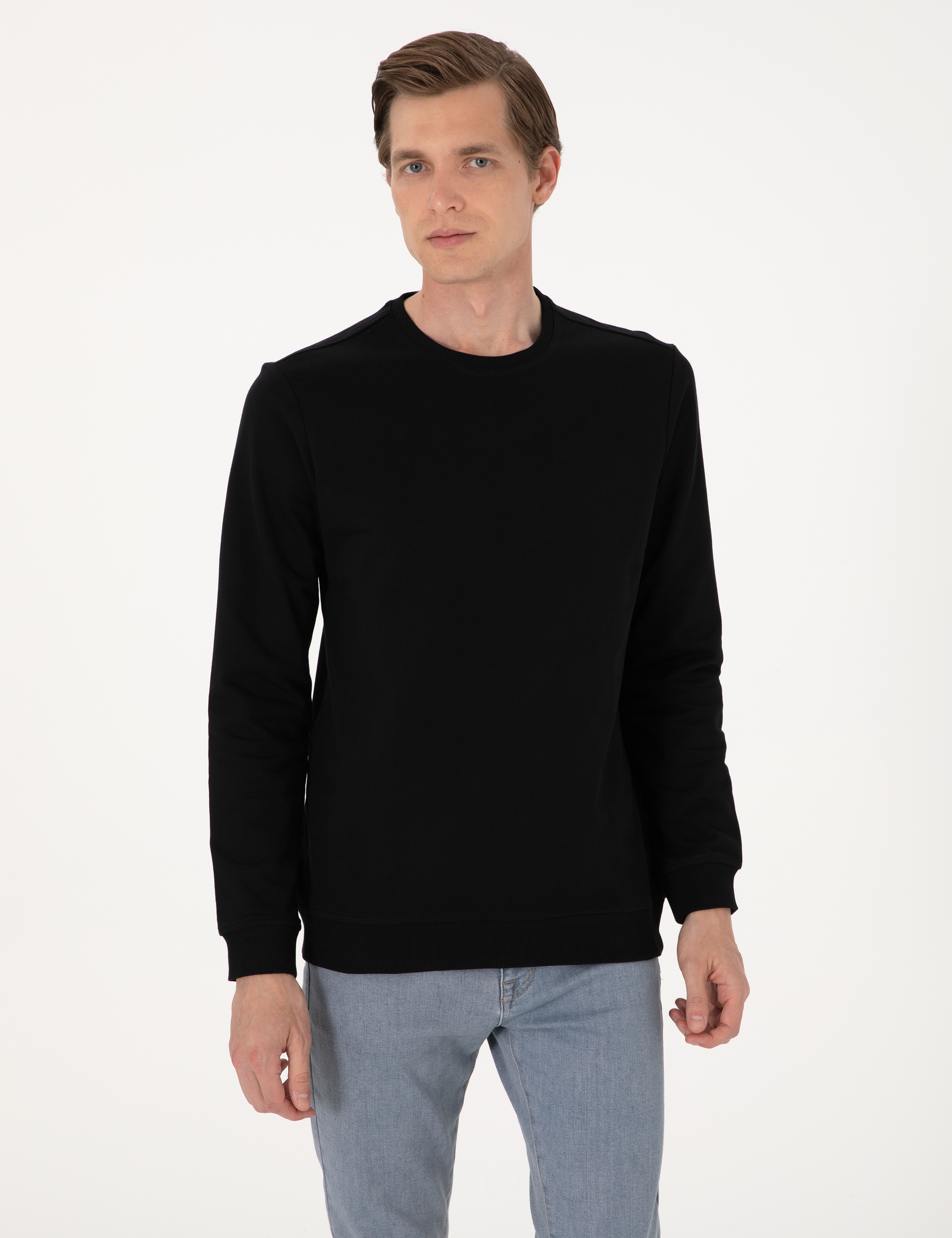 Siyah 2 İplik Regular Fit Bisiklet Yaka Basic Sweatshirt - Image 3
