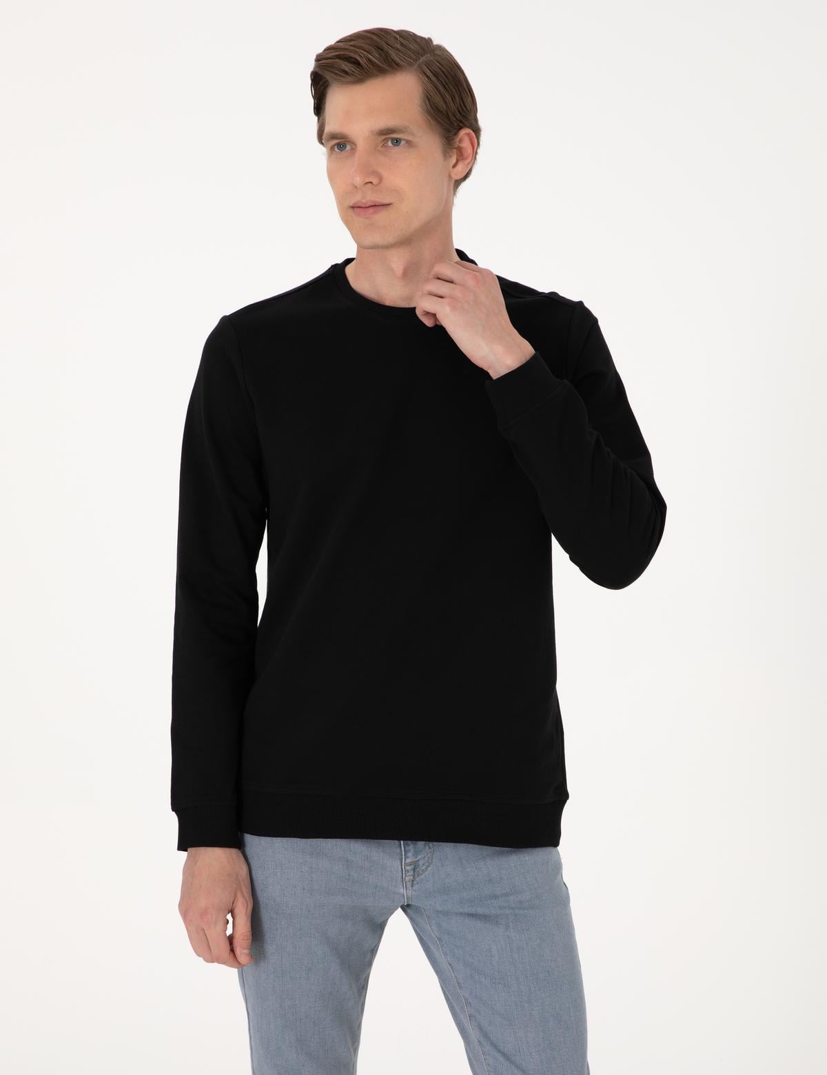 Siyah 2 İplik Regular Fit Bisiklet Yaka Basic Sweatshirt