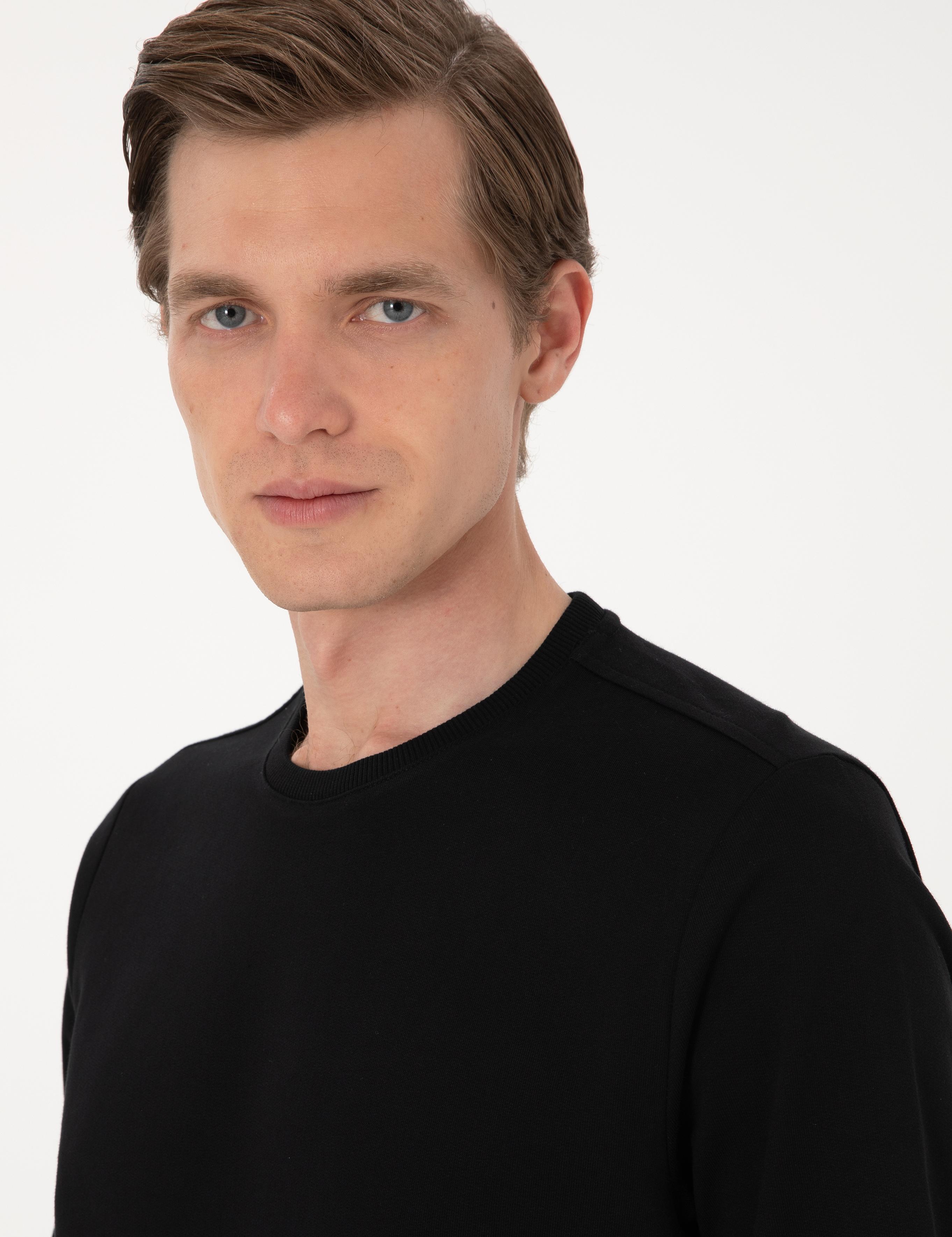 Siyah 2 İplik Regular Fit Bisiklet Yaka Basic Sweatshirt