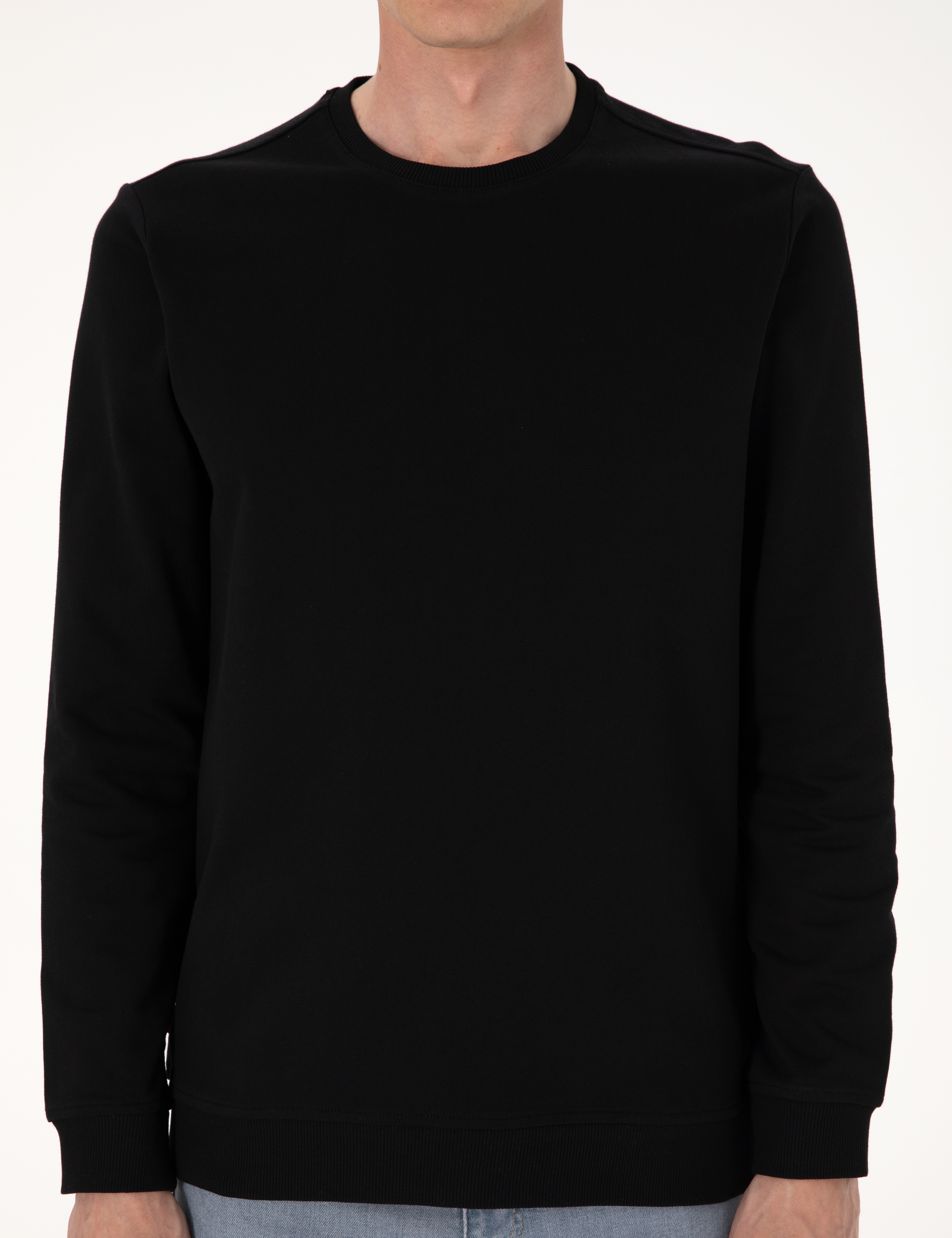 Siyah 2 İplik Regular Fit Bisiklet Yaka Basic Sweatshirt - Image 6