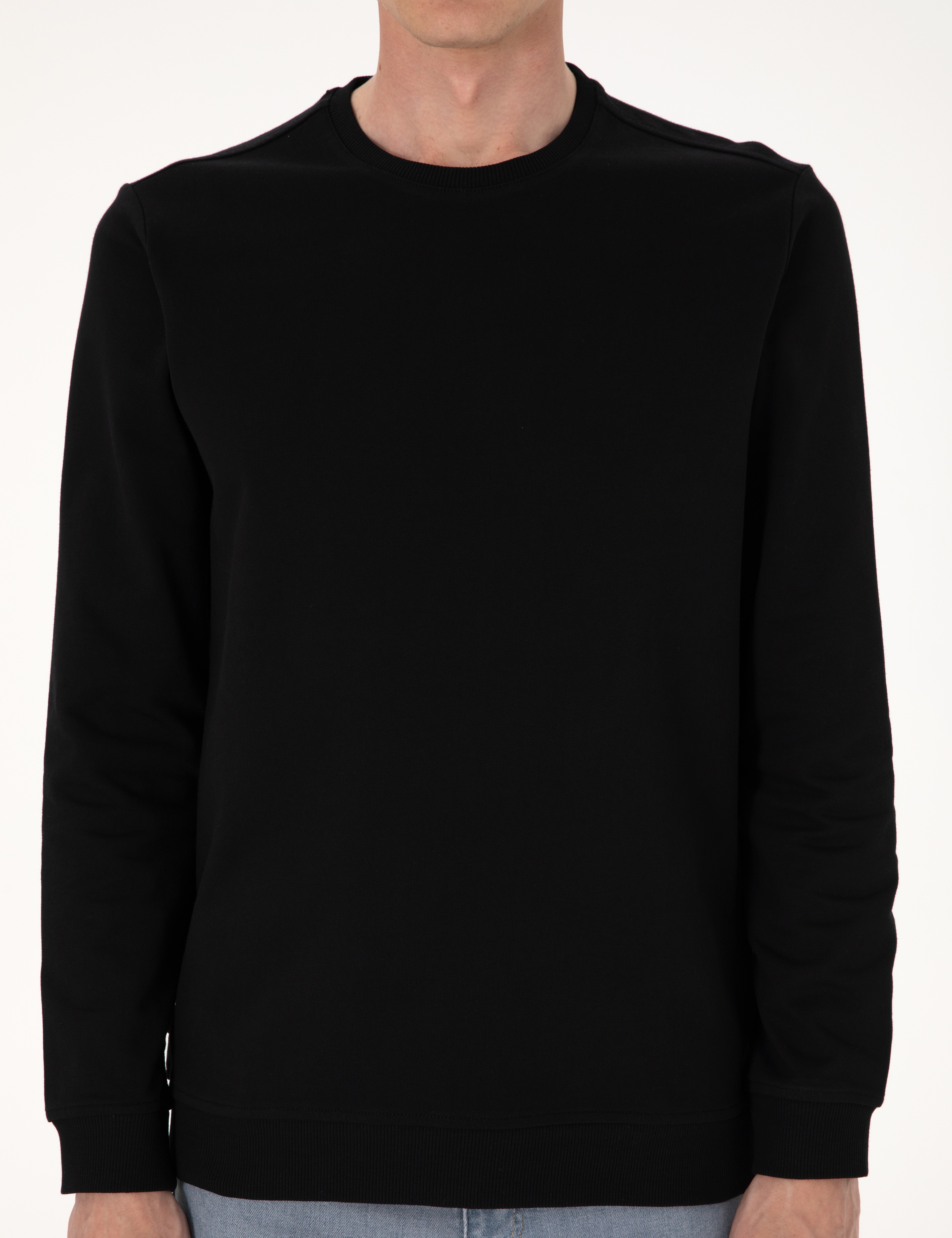 Siyah 2 İplik Regular Fit Bisiklet Yaka Basic Sweatshirt