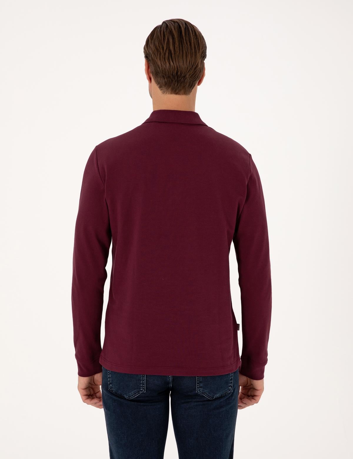 Bordo Slim Fit Kıvrılmaz Fermuarlı Polo Yaka Basic Pike Sweatshirt - 50314046087