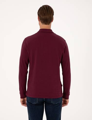 Bordo Slim Fit Kıvrılmaz Fermuarlı Polo Yaka Basic Pike Sweatshirt