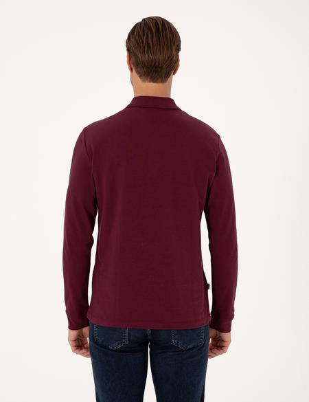Bordo Slim Fit Kıvrılmaz Fermuarlı Polo Yaka Basic Pike Sweatshirt - 50314046087