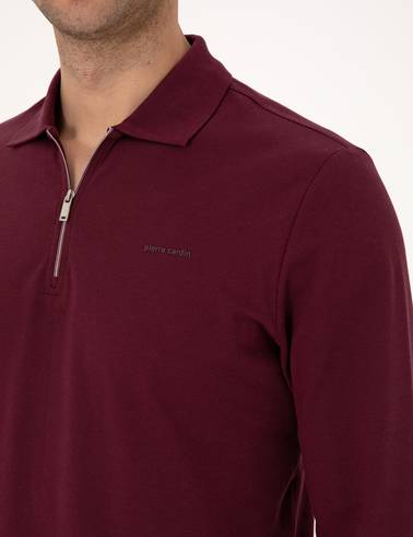 Bordo Slim Fit Kıvrılmaz Fermuarlı Polo Yaka Basic Pike Sweatshirt