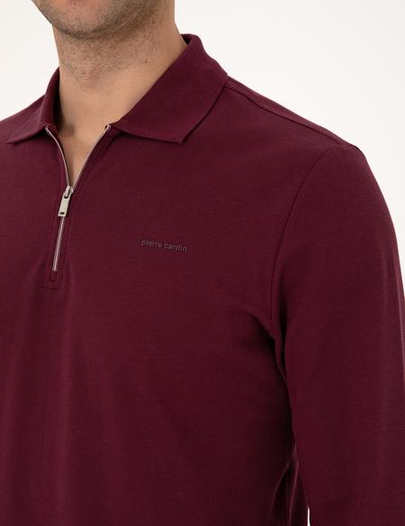 Bordo Slim Fit Kıvrılmaz Fermuarlı Polo Yaka Basic Pike Sweatshirt - 50314046087