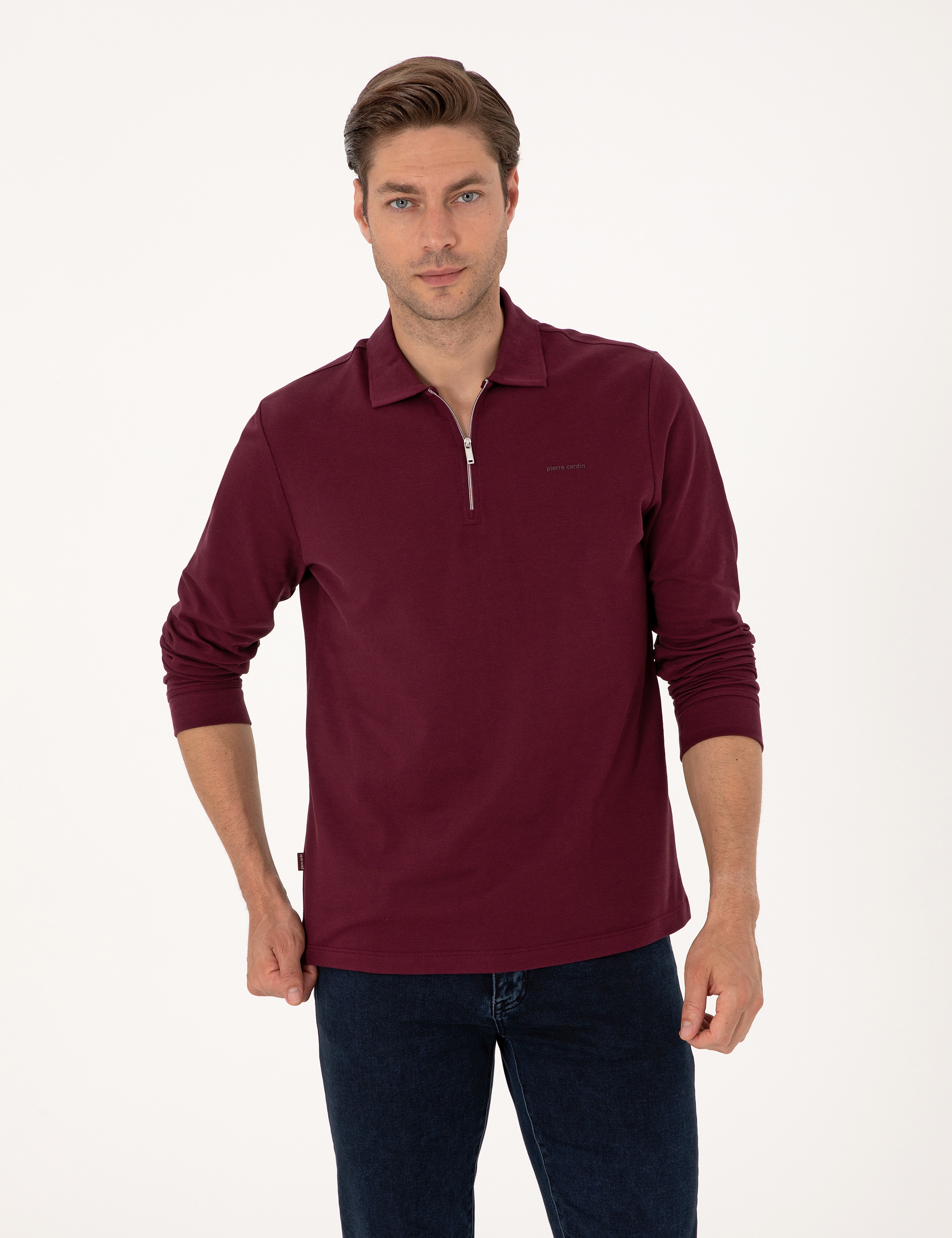 Bordo Slim Fit Kıvrılmaz Fermuarlı Polo Yaka Basic Pike Sweatshirt - Image 1